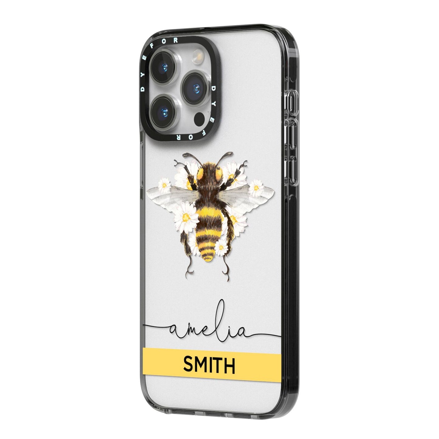 Bees Daisies Personalised Names iPhone 14 Pro Max Black Impact Case Side Angle on Silver phone