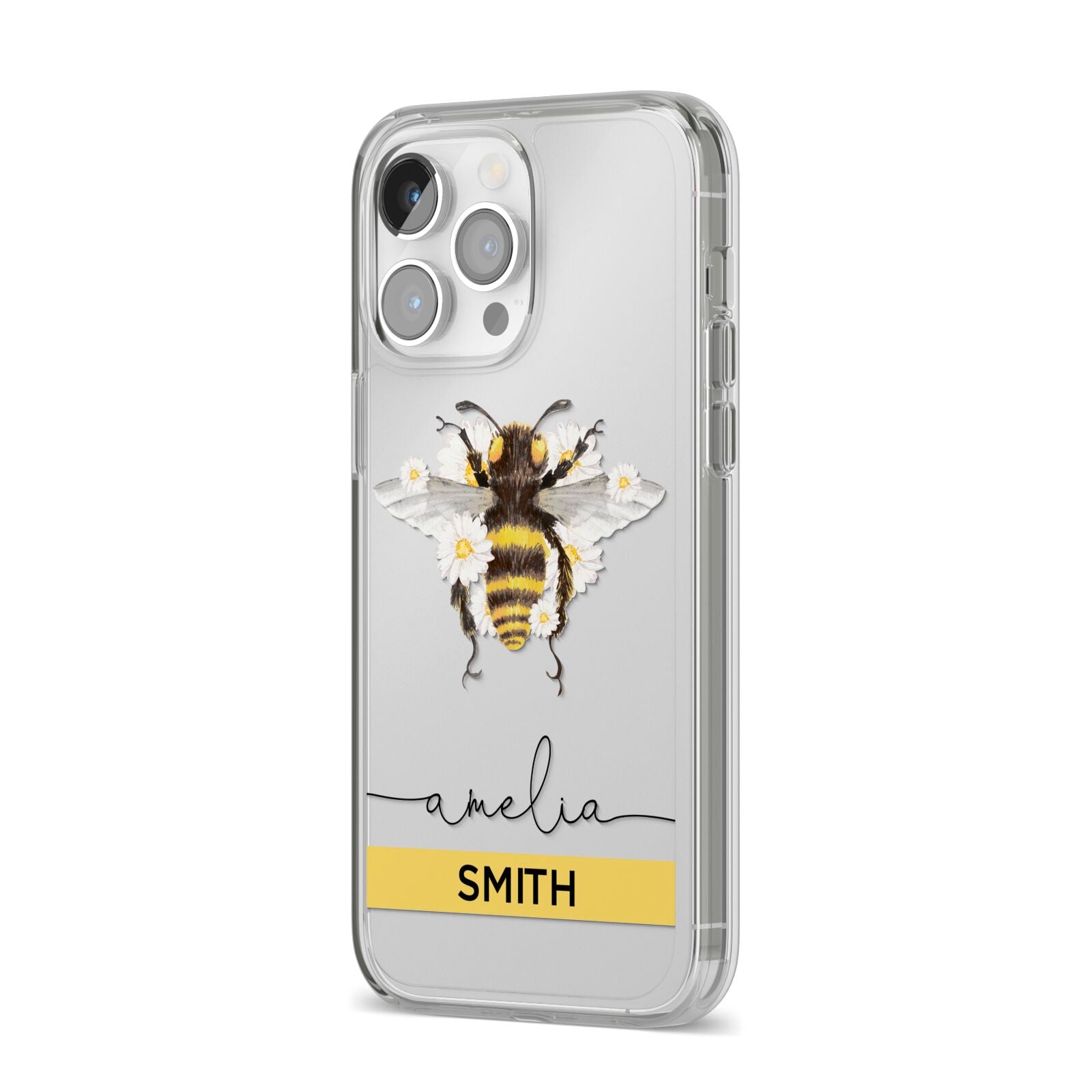 Bees Daisies Personalised Names iPhone 14 Pro Max Clear Tough Case Silver Angled Image