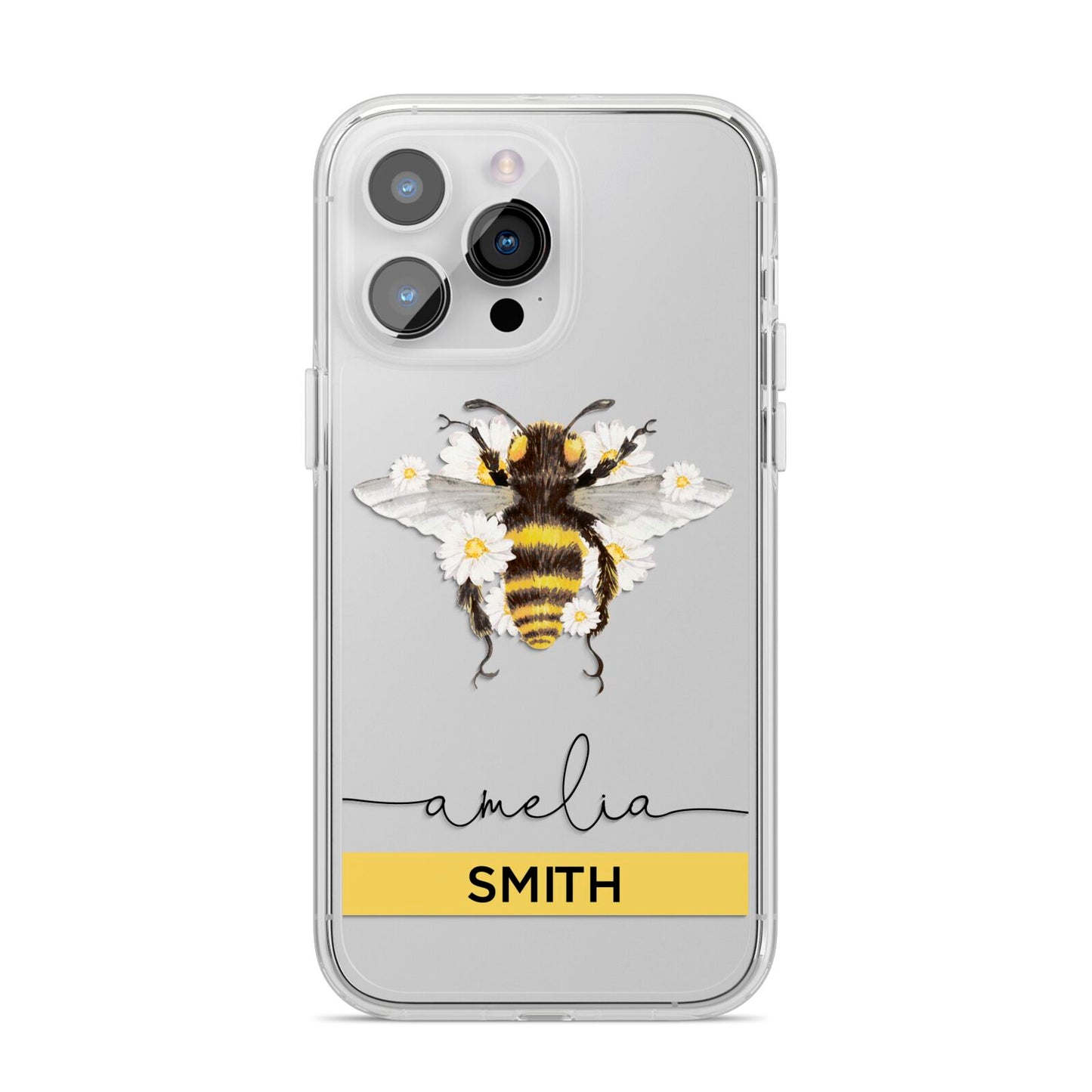 Bees Daisies Personalised Names iPhone 14 Pro Max Clear Tough Case Silver