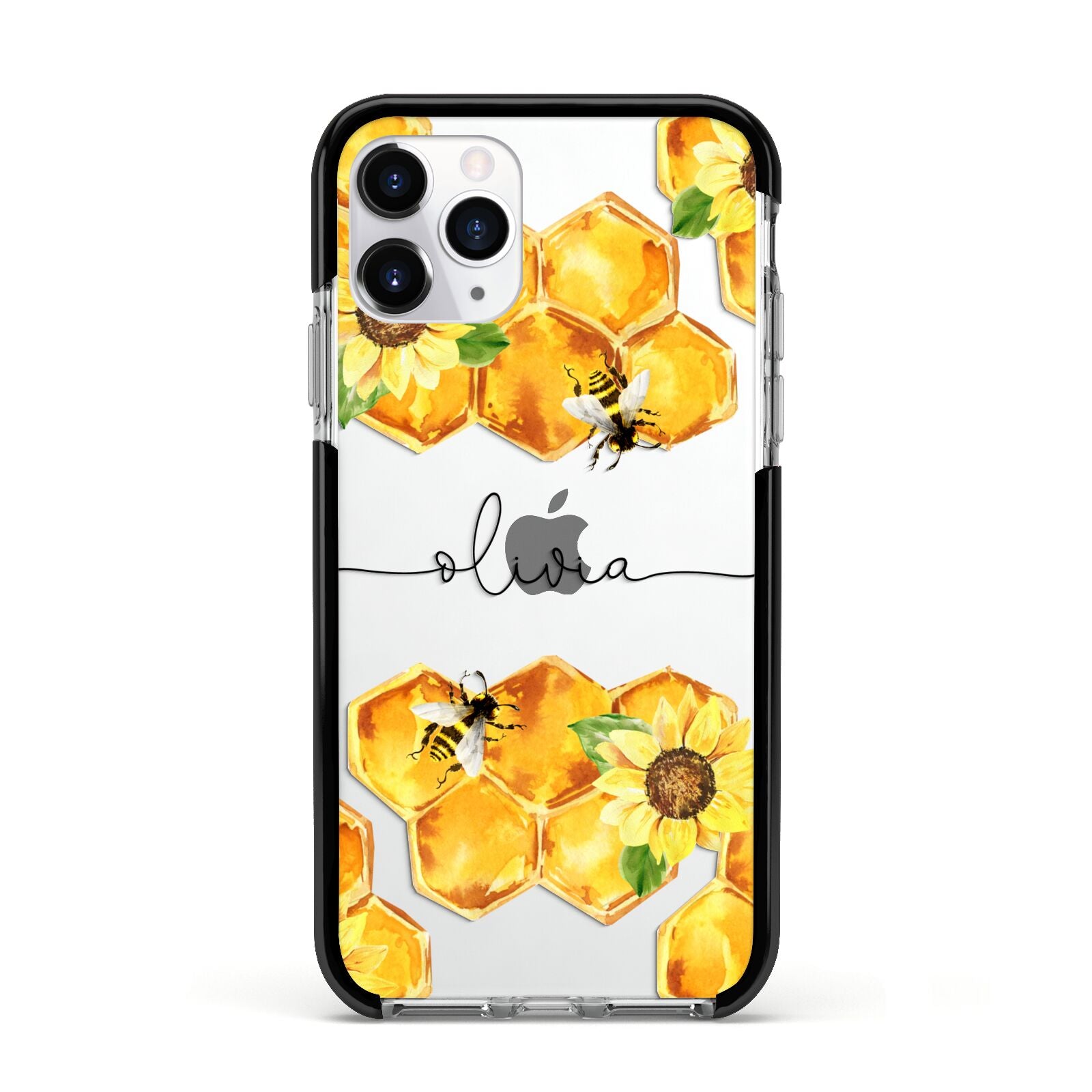 Bees Honeycomb Personalised Name Apple iPhone 11 Pro in Silver with Black Impact Case