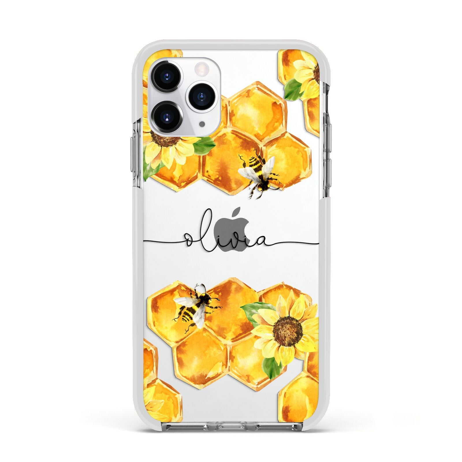 Bees Honeycomb Personalised Name Apple iPhone 11 Pro in Silver with White Impact Case