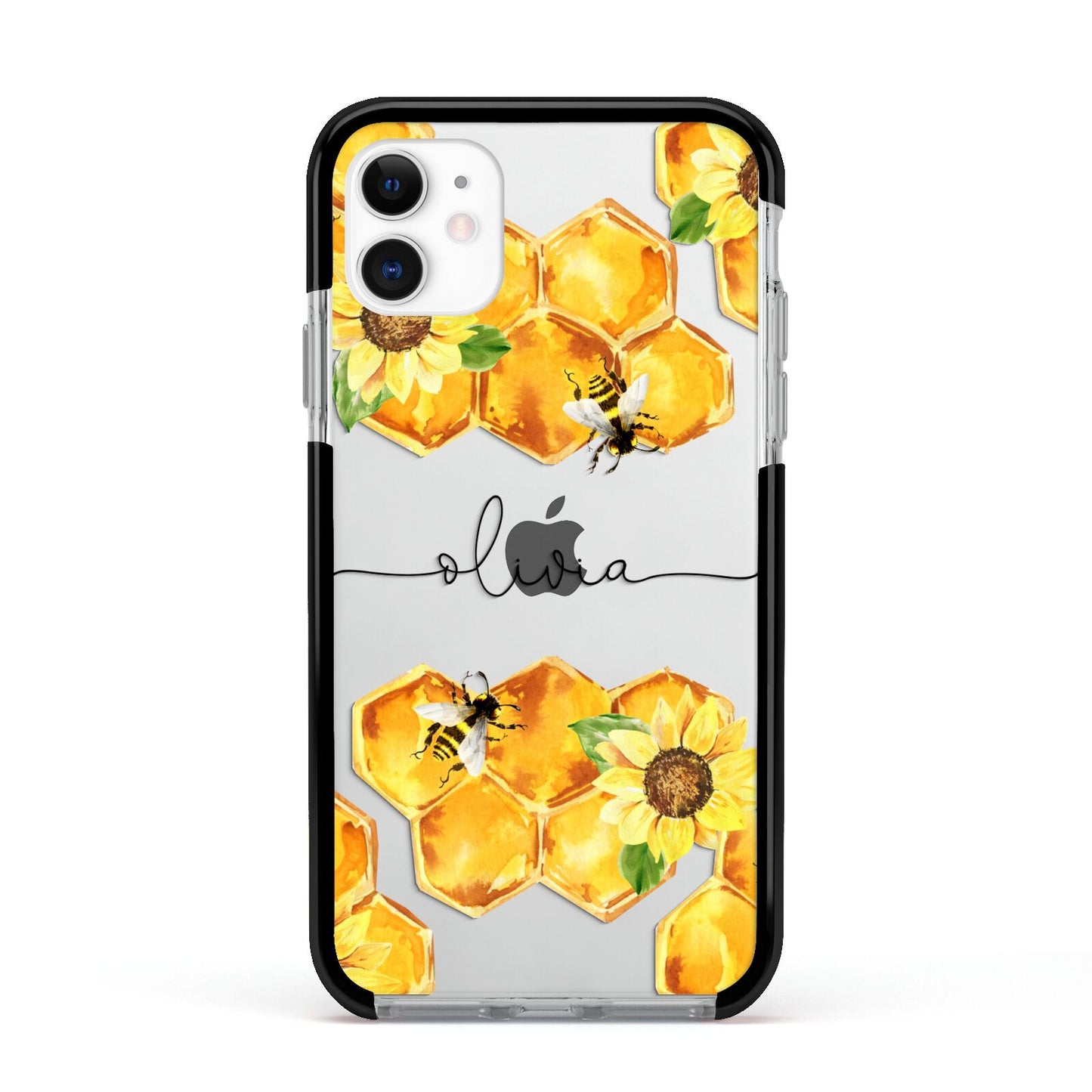 Bees Honeycomb Personalised Name Apple iPhone 11 in White with Black Impact Case