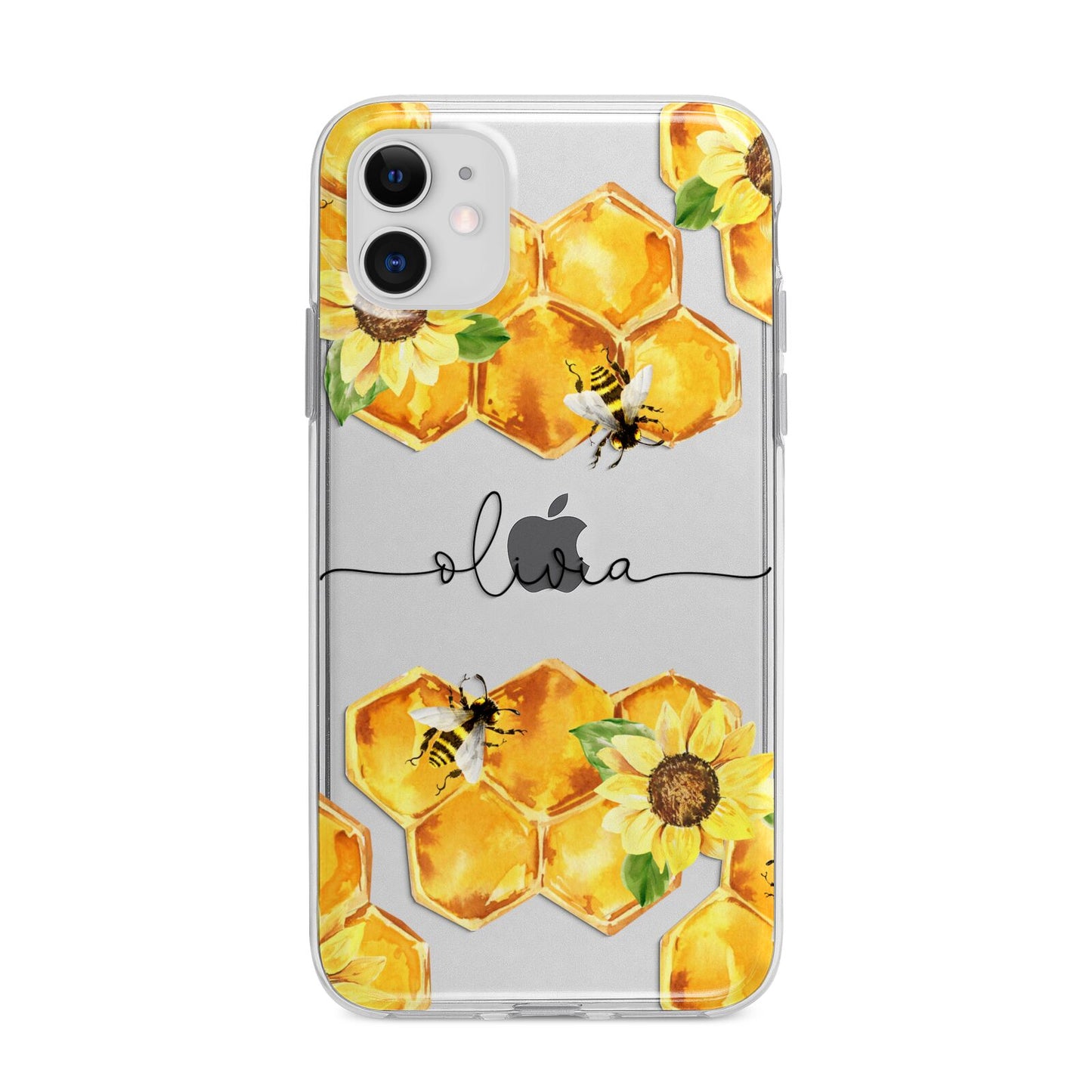 Bees Honeycomb Personalised Name Apple iPhone 11 in White with Bumper Case