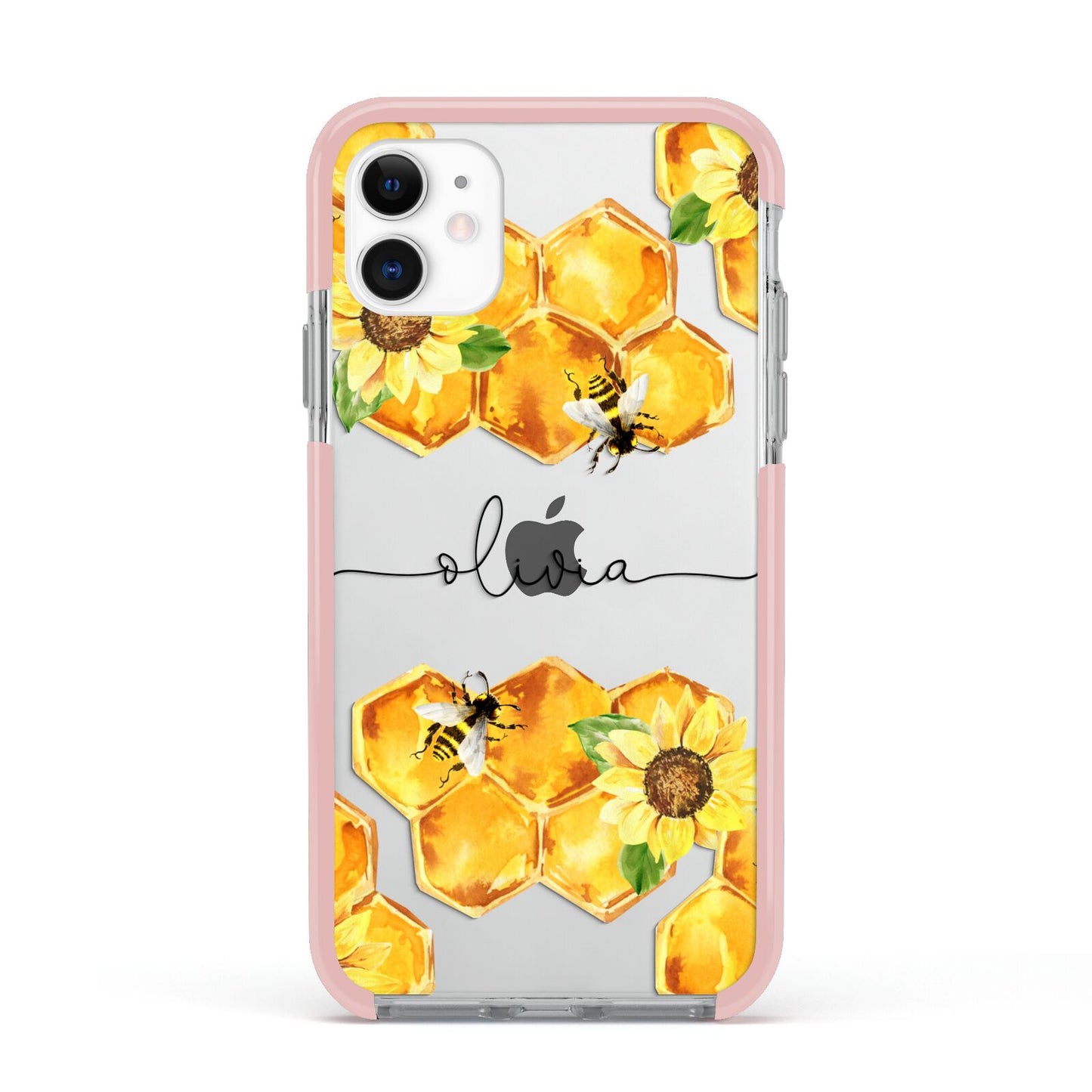 Bees Honeycomb Personalised Name Apple iPhone 11 in White with Pink Impact Case