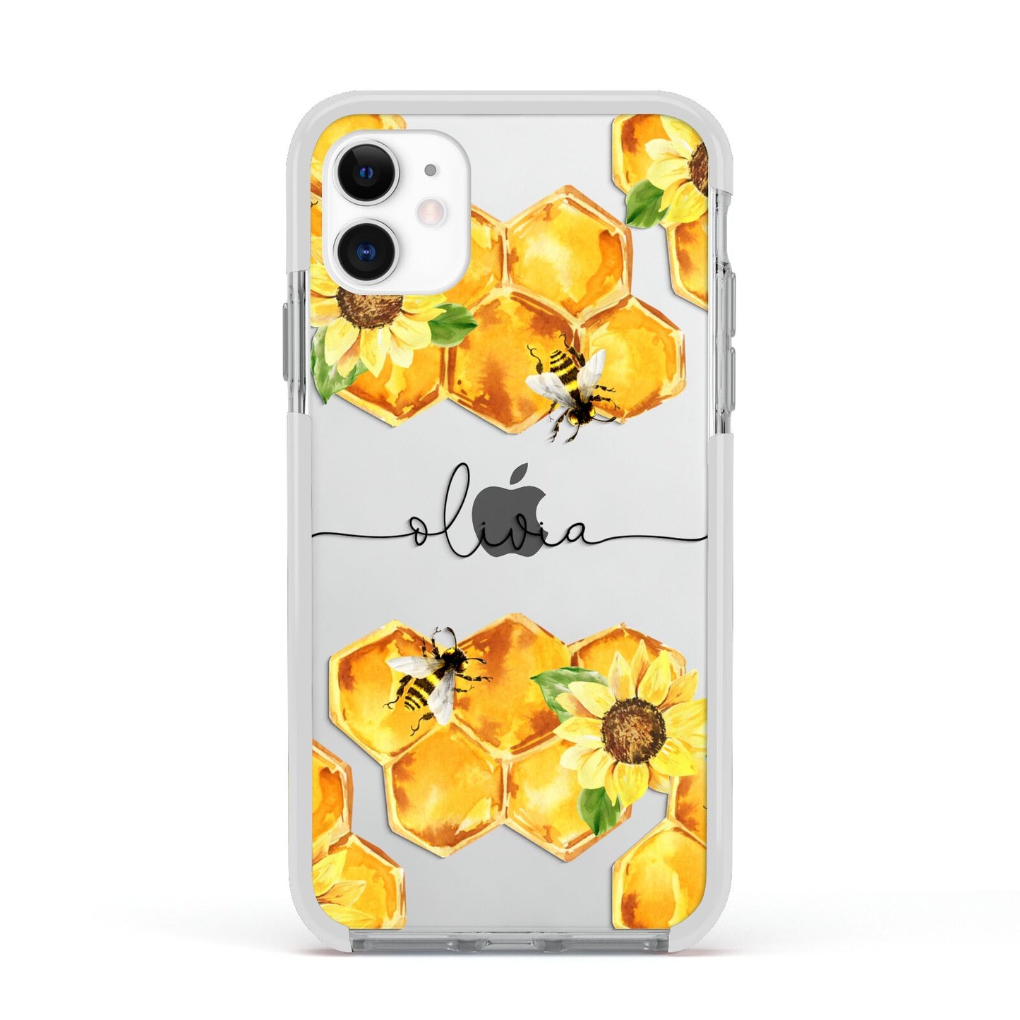 Bees Honeycomb Personalised Name Apple iPhone 11 in White with White Impact Case