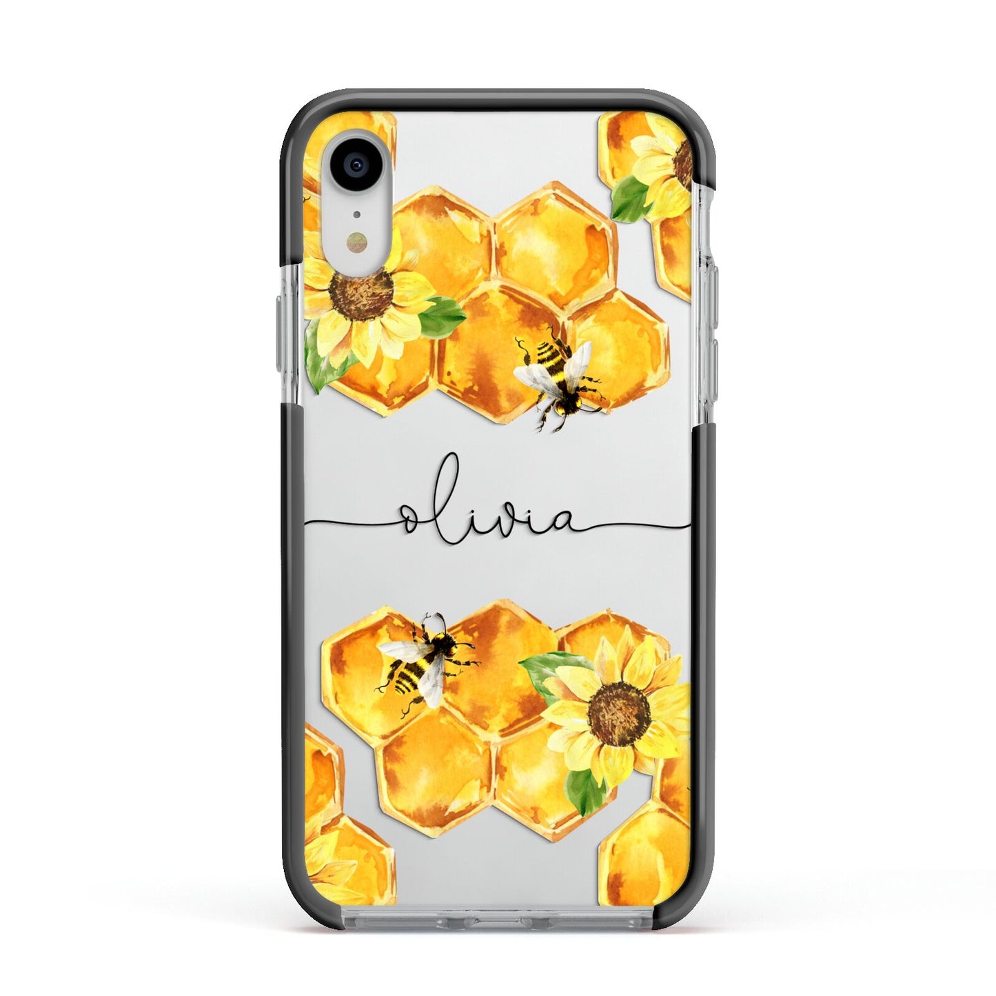 Bees Honeycomb Personalised Name Apple iPhone XR Impact Case Black Edge on Silver Phone