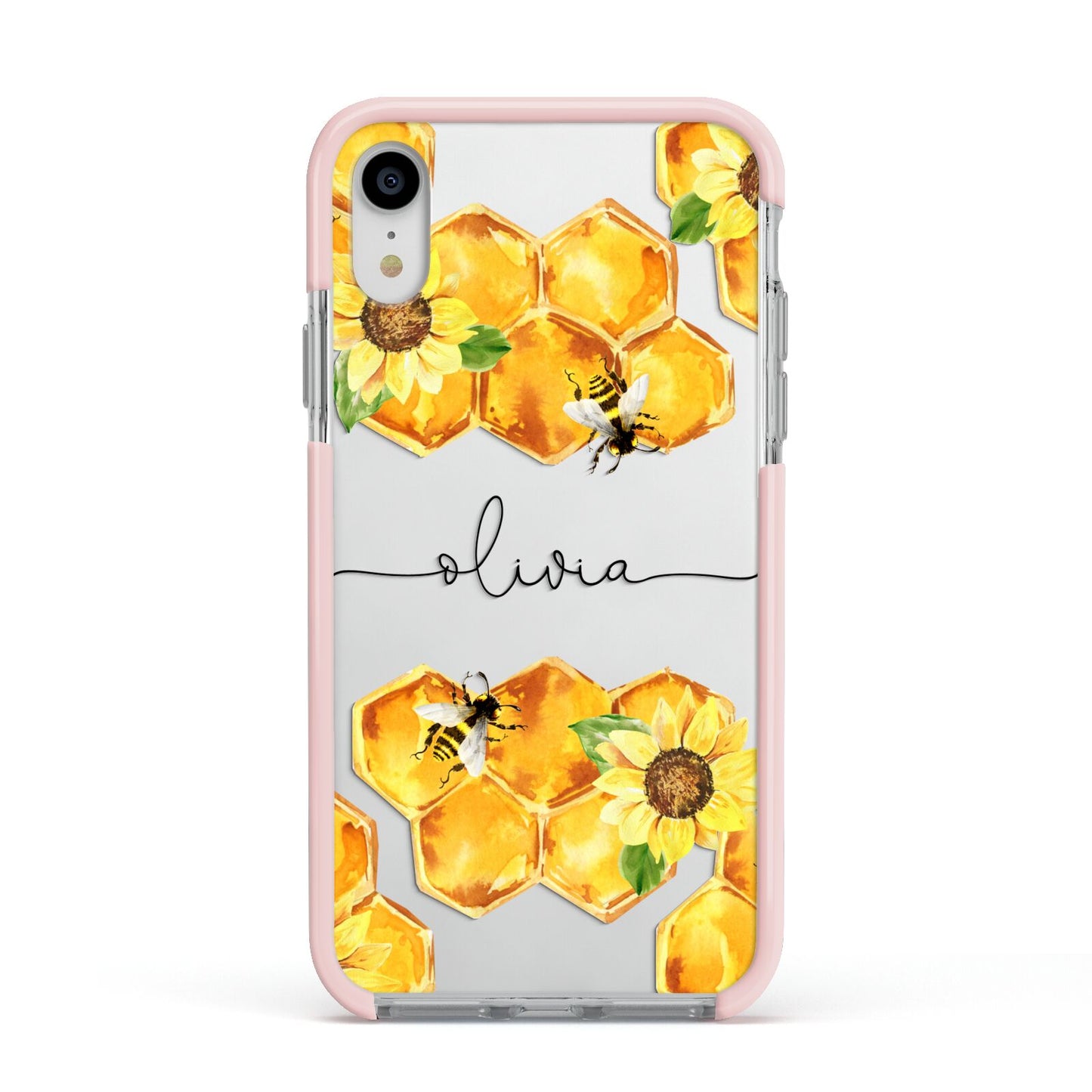 Bees Honeycomb Personalised Name Apple iPhone XR Impact Case Pink Edge on Silver Phone