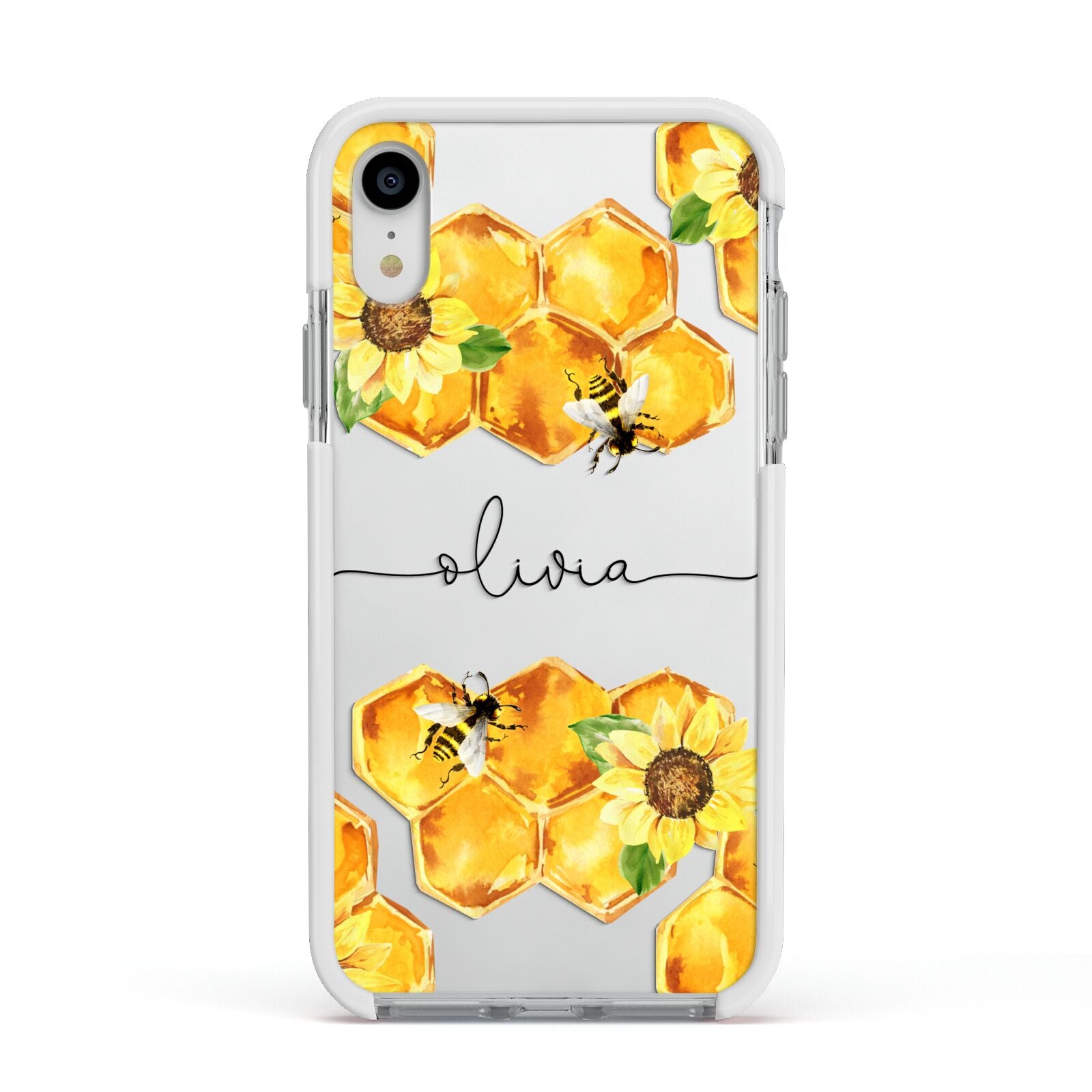 Bees Honeycomb Personalised Name Apple iPhone XR Impact Case White Edge on Silver Phone