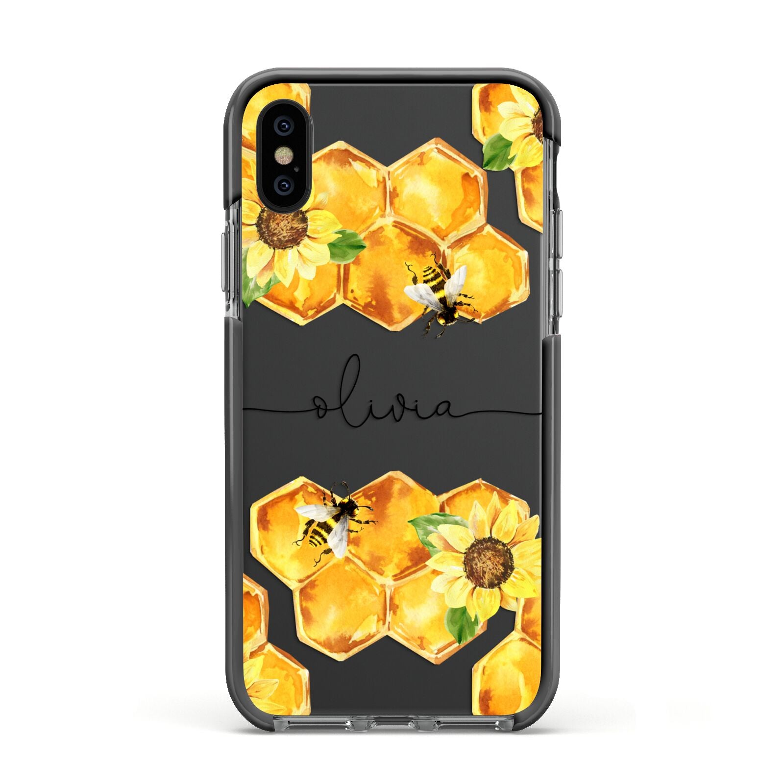 Bees Honeycomb Personalised Name Apple iPhone Xs Impact Case Black Edge on Black Phone