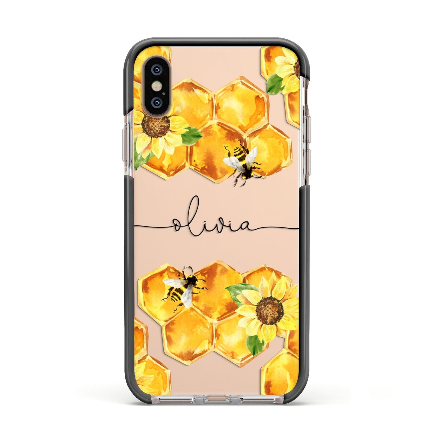 Bees Honeycomb Personalised Name Apple iPhone Xs Impact Case Black Edge on Gold Phone