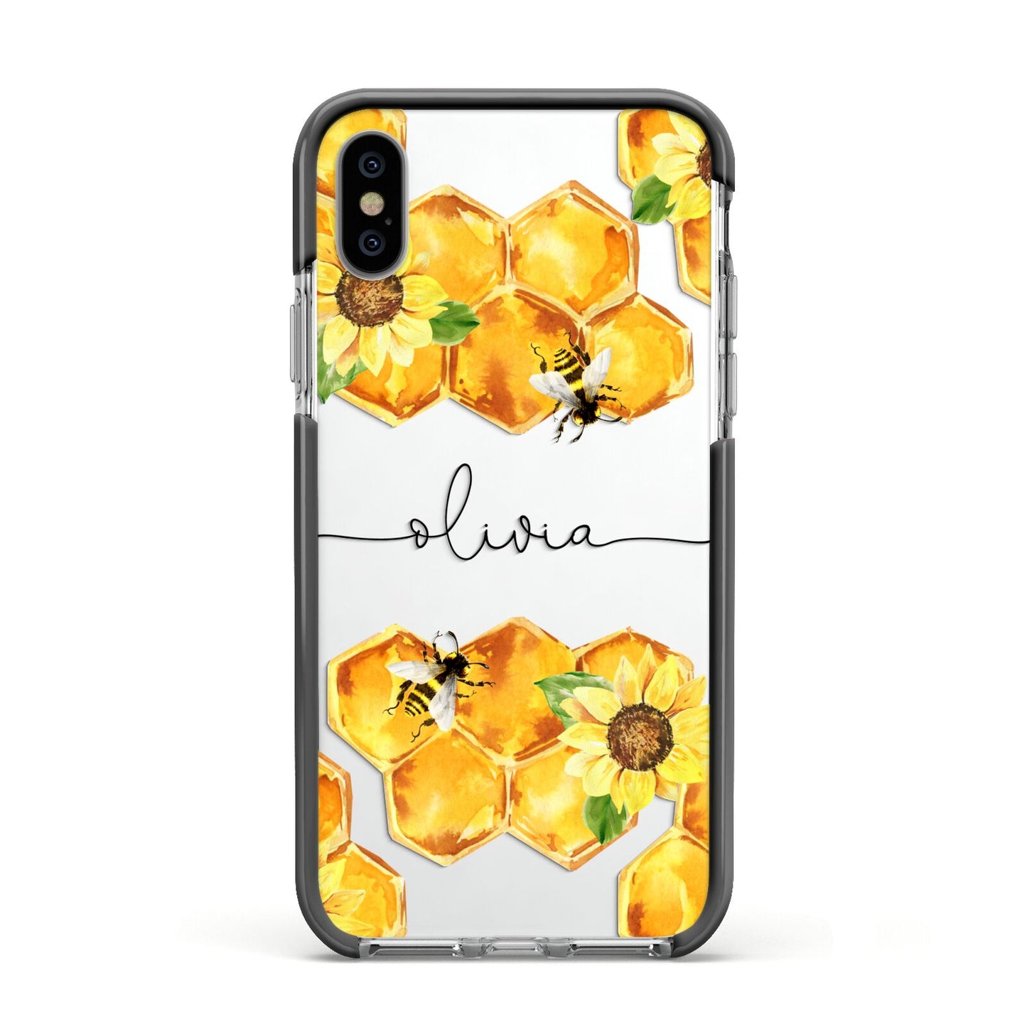 Bees Honeycomb Personalised Name Apple iPhone Xs Impact Case Black Edge on Silver Phone