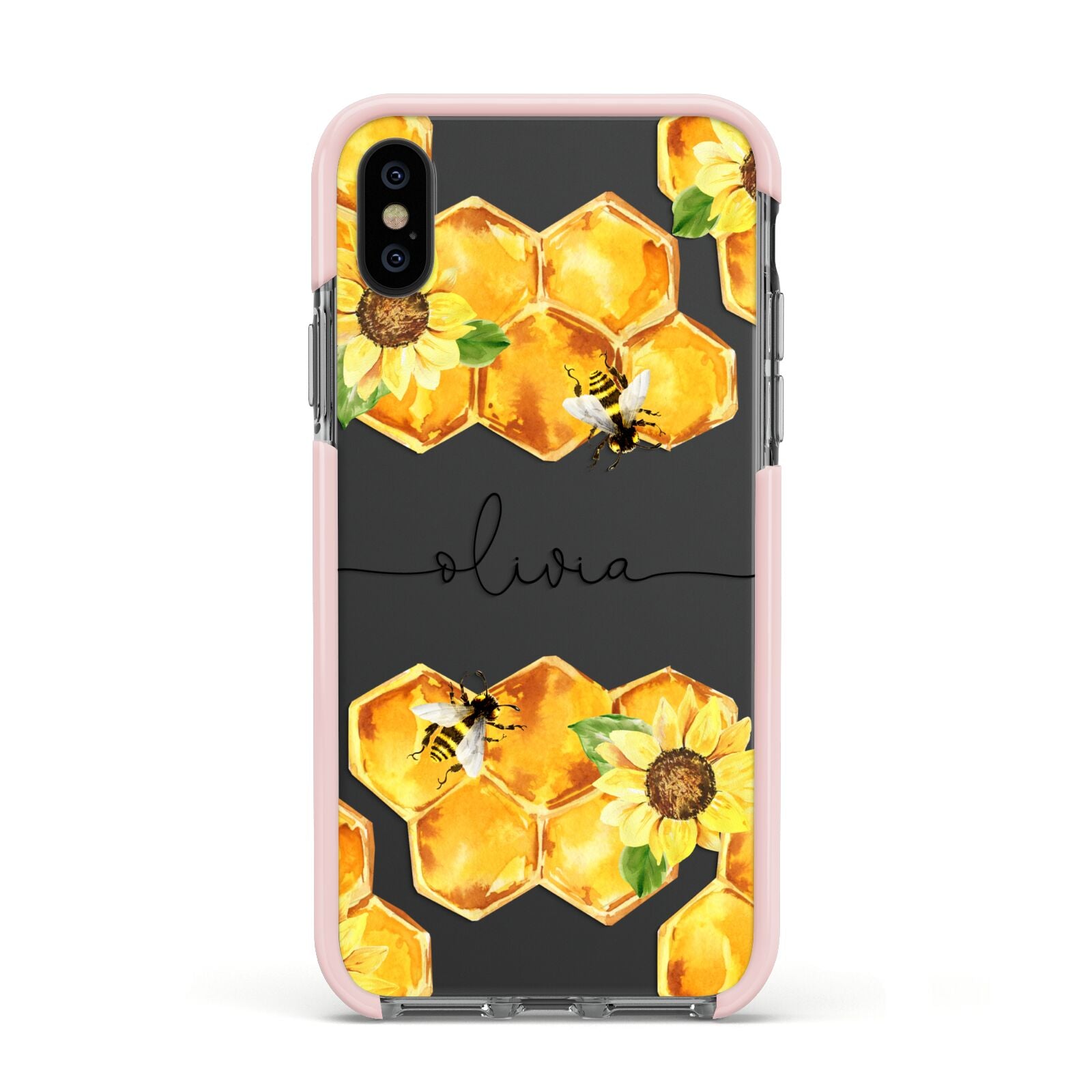 Bees Honeycomb Personalised Name Apple iPhone Xs Impact Case Pink Edge on Black Phone