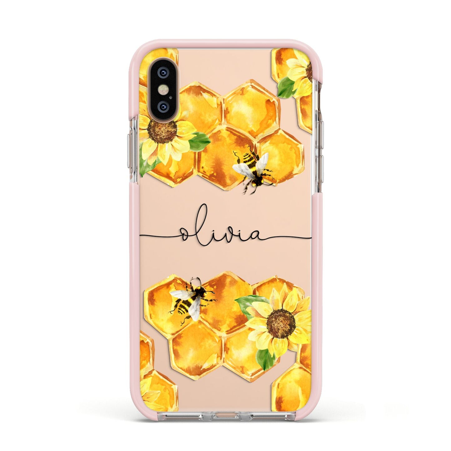 Bees Honeycomb Personalised Name Apple iPhone Xs Impact Case Pink Edge on Gold Phone