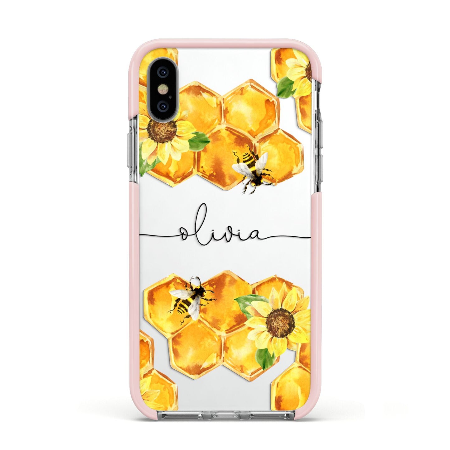 Bees Honeycomb Personalised Name Apple iPhone Xs Impact Case Pink Edge on Silver Phone