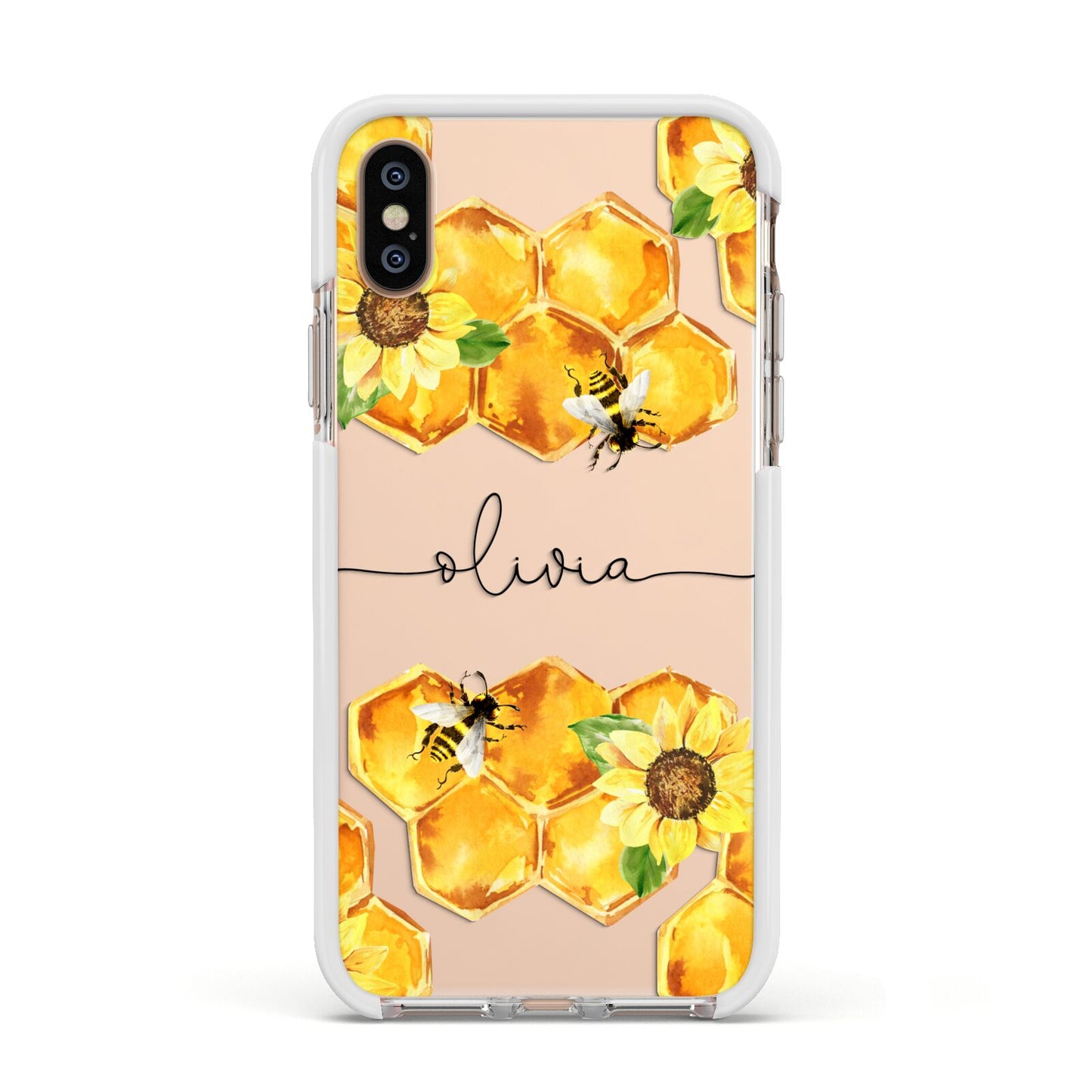 Bees Honeycomb Personalised Name Apple iPhone Xs Impact Case White Edge on Gold Phone