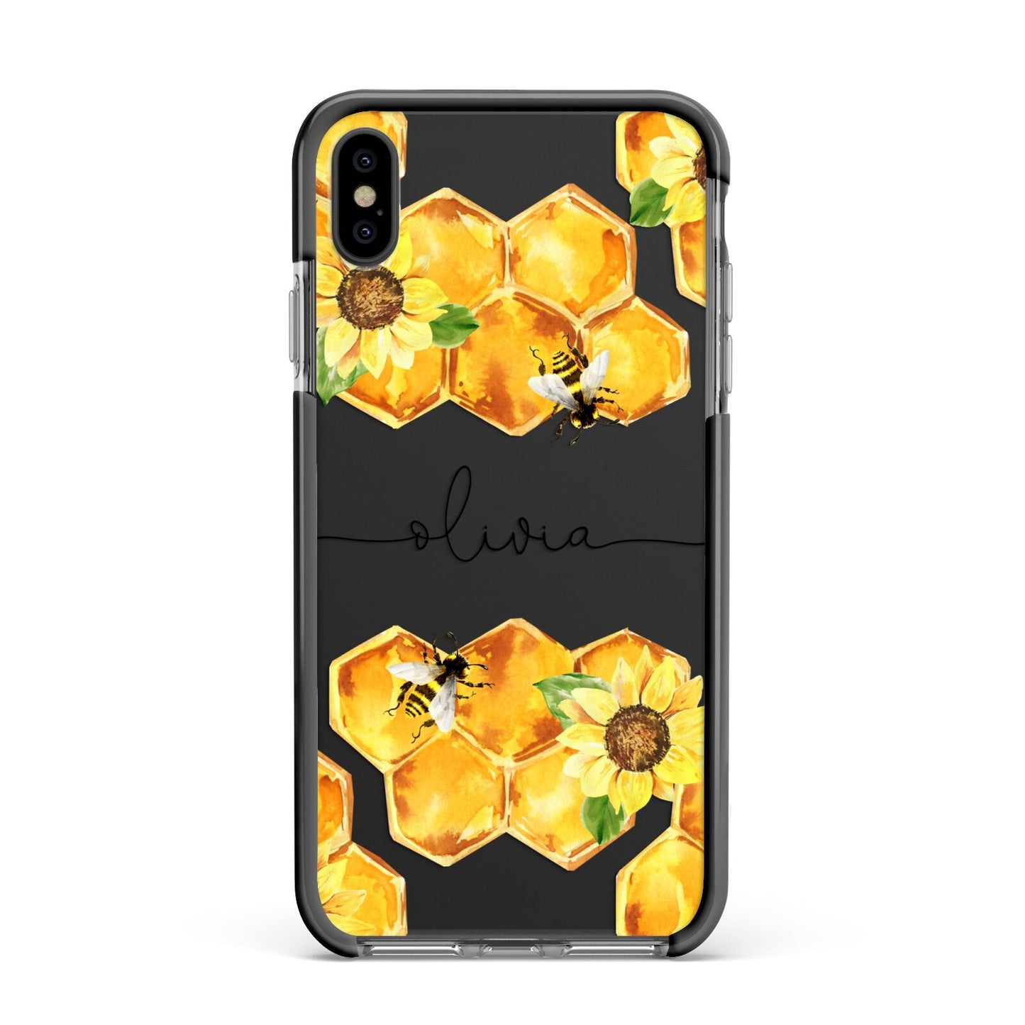 Bees Honeycomb Personalised Name Apple iPhone Xs Max Impact Case Black Edge on Black Phone