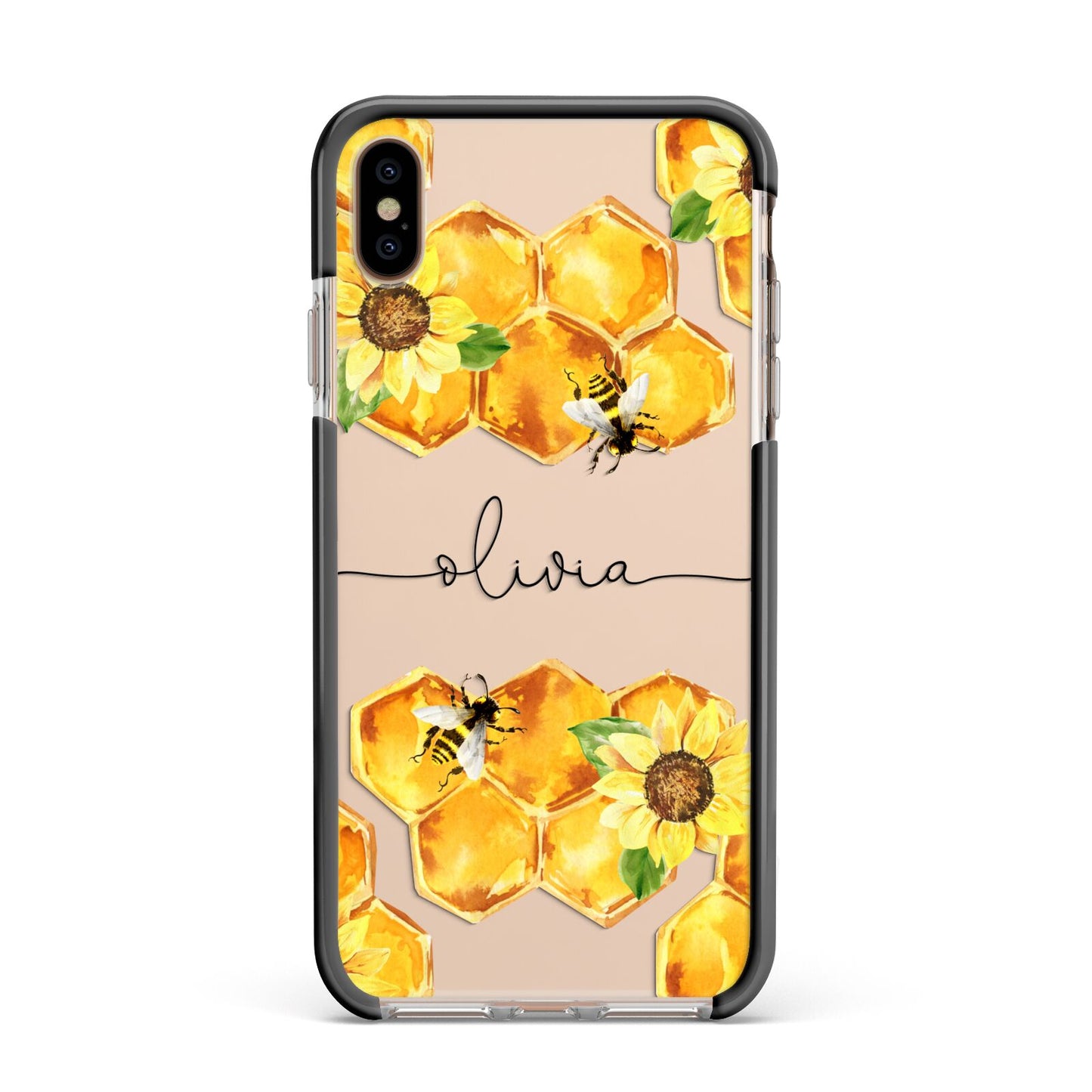 Bees Honeycomb Personalised Name Apple iPhone Xs Max Impact Case Black Edge on Gold Phone