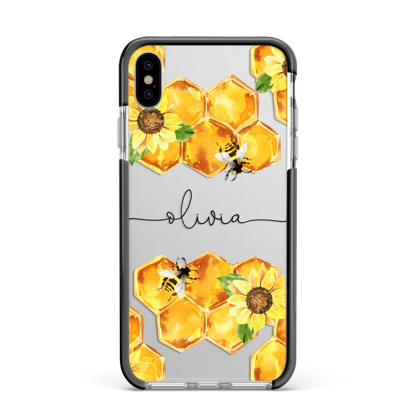 Bees Honeycomb Personalised Name Apple iPhone Xs Max Impact Case Black Edge on Silver Phone