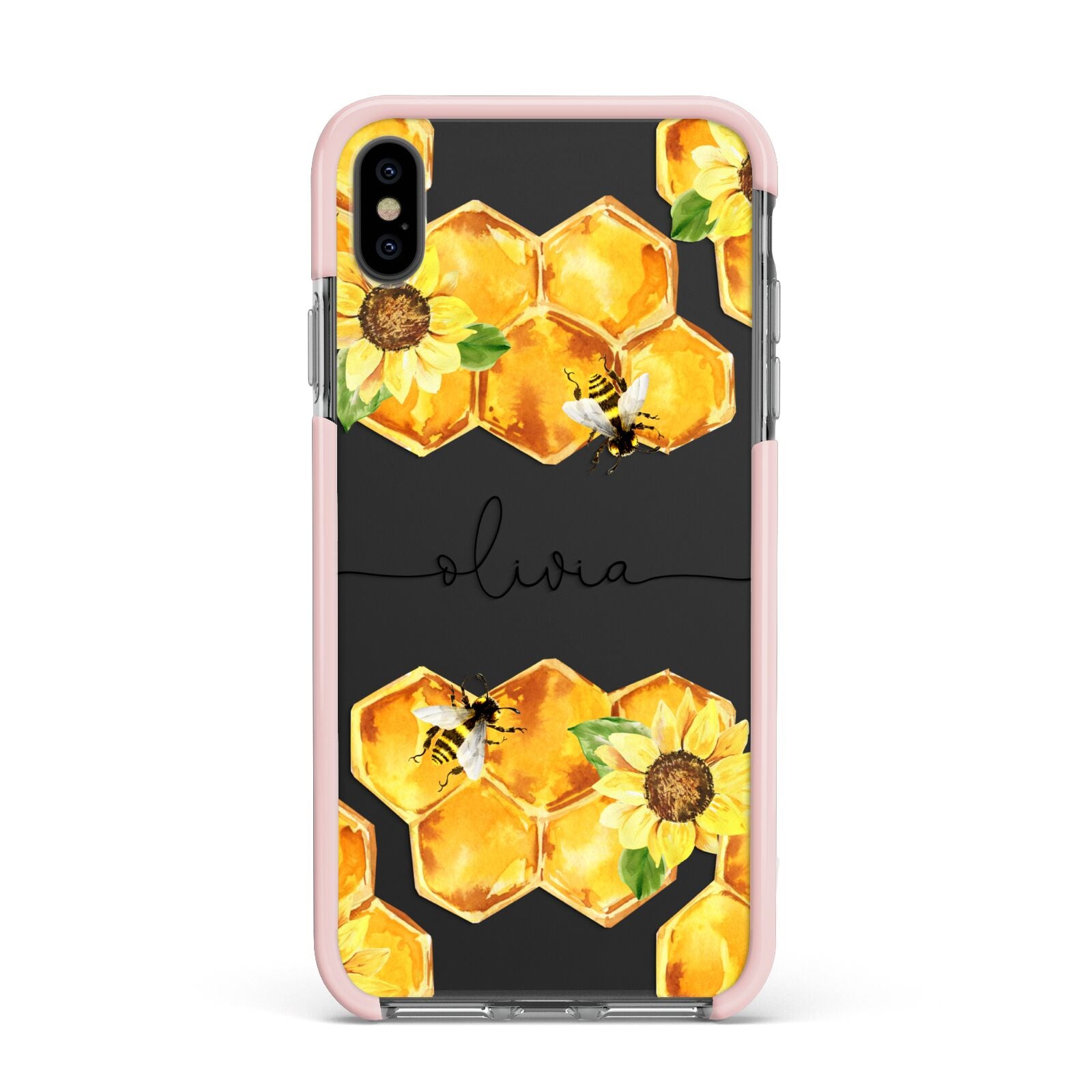 Bees Honeycomb Personalised Name Apple iPhone Xs Max Impact Case Pink Edge on Black Phone