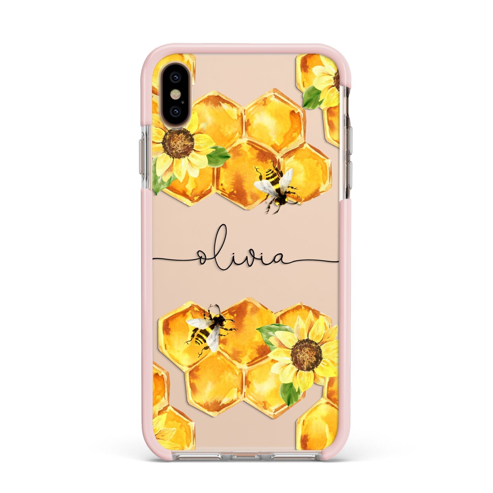 Bees Honeycomb Personalised Name Apple iPhone Xs Max Impact Case Pink Edge on Gold Phone