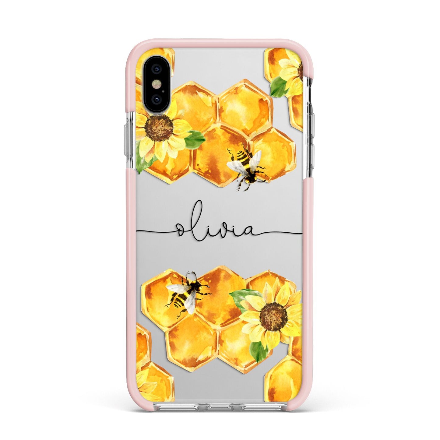 Bees Honeycomb Personalised Name Apple iPhone Xs Max Impact Case Pink Edge on Silver Phone