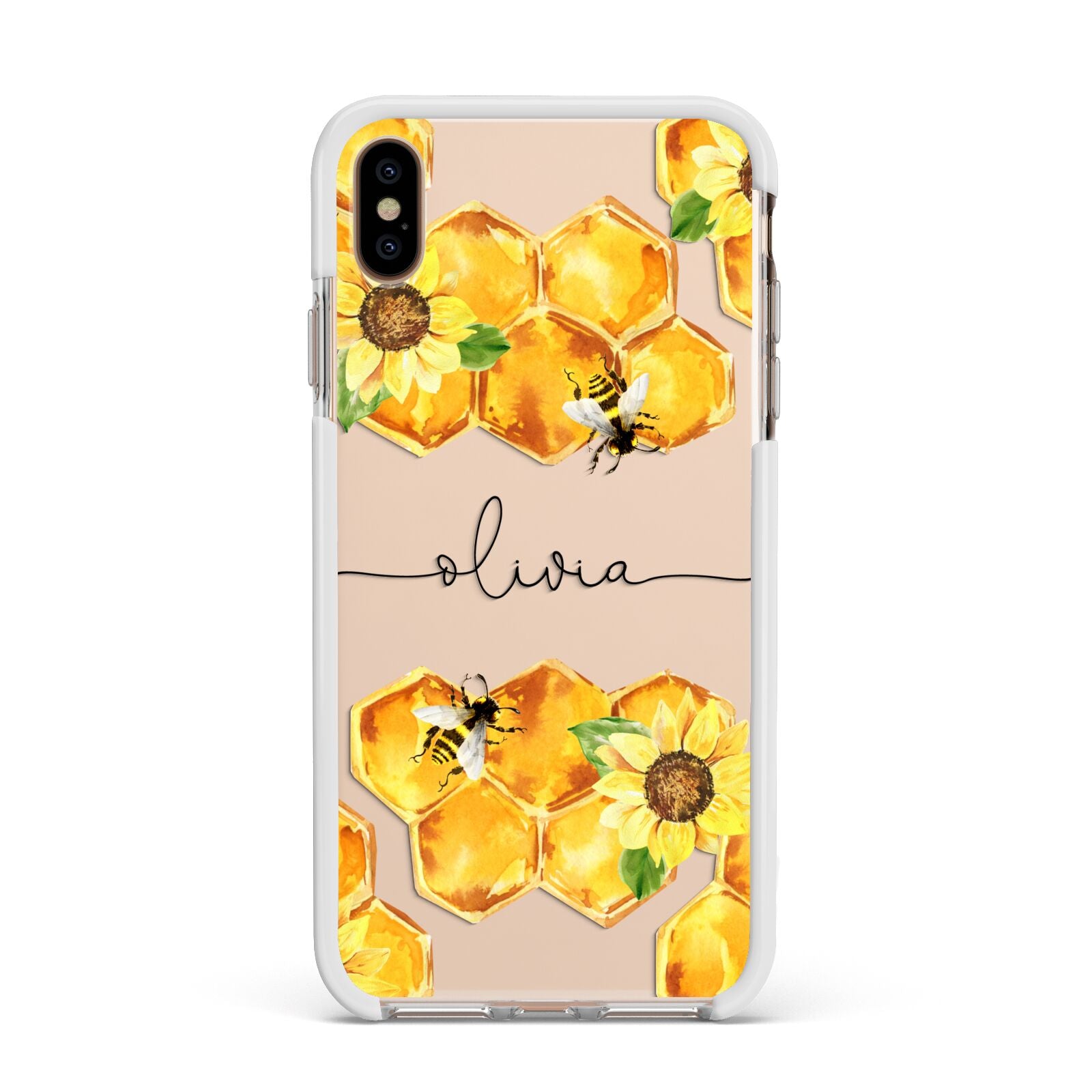 Bees Honeycomb Personalised Name Apple iPhone Xs Max Impact Case White Edge on Gold Phone