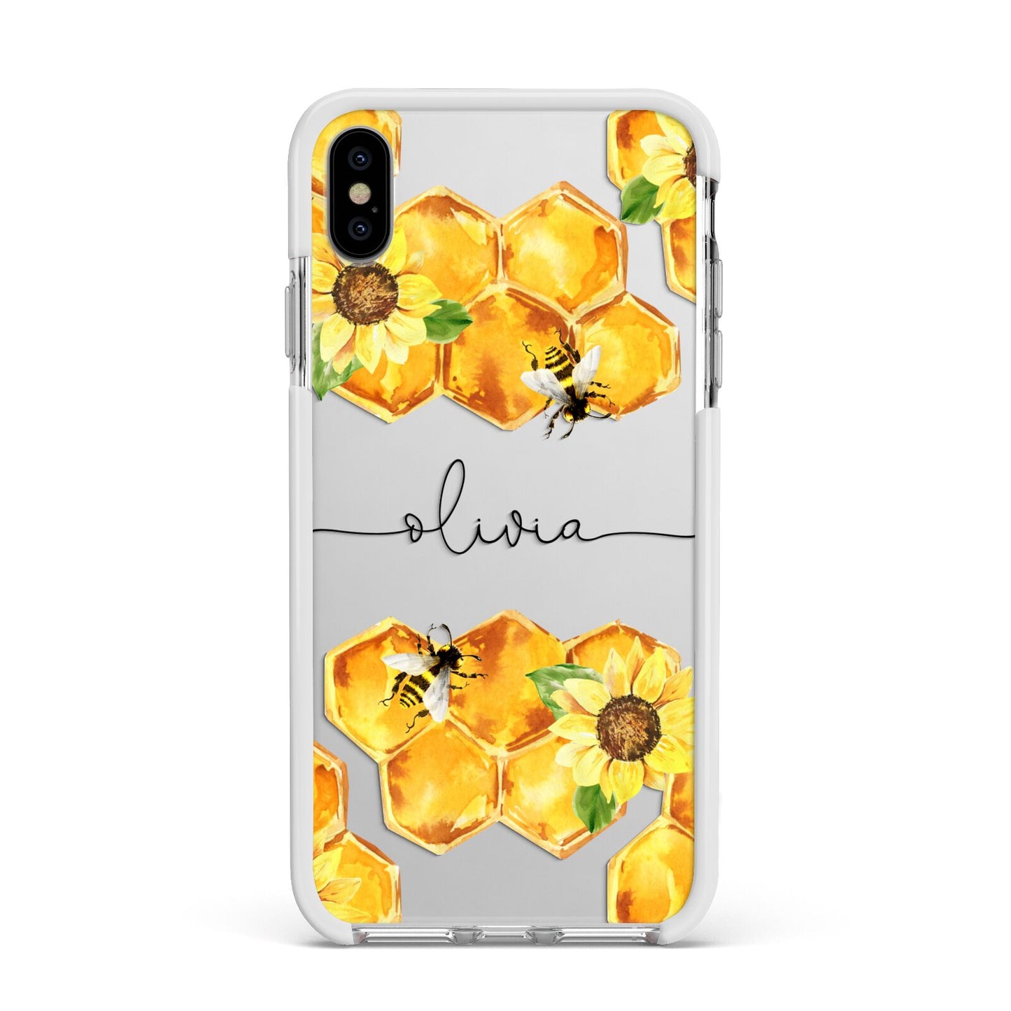 Bees Honeycomb Personalised Name Apple iPhone Xs Max Impact Case White Edge on Silver Phone