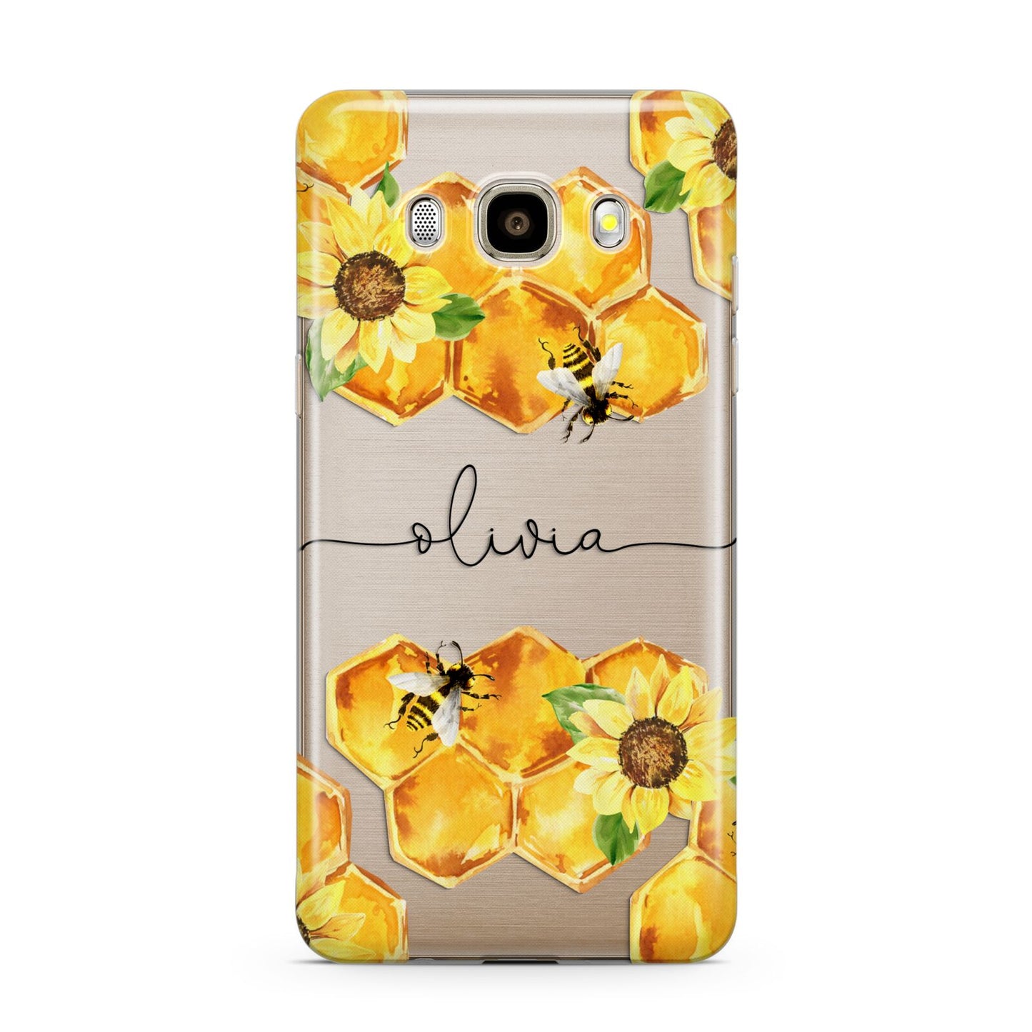 Bees Honeycomb Personalised Name Samsung Galaxy J7 2016 Case on gold phone