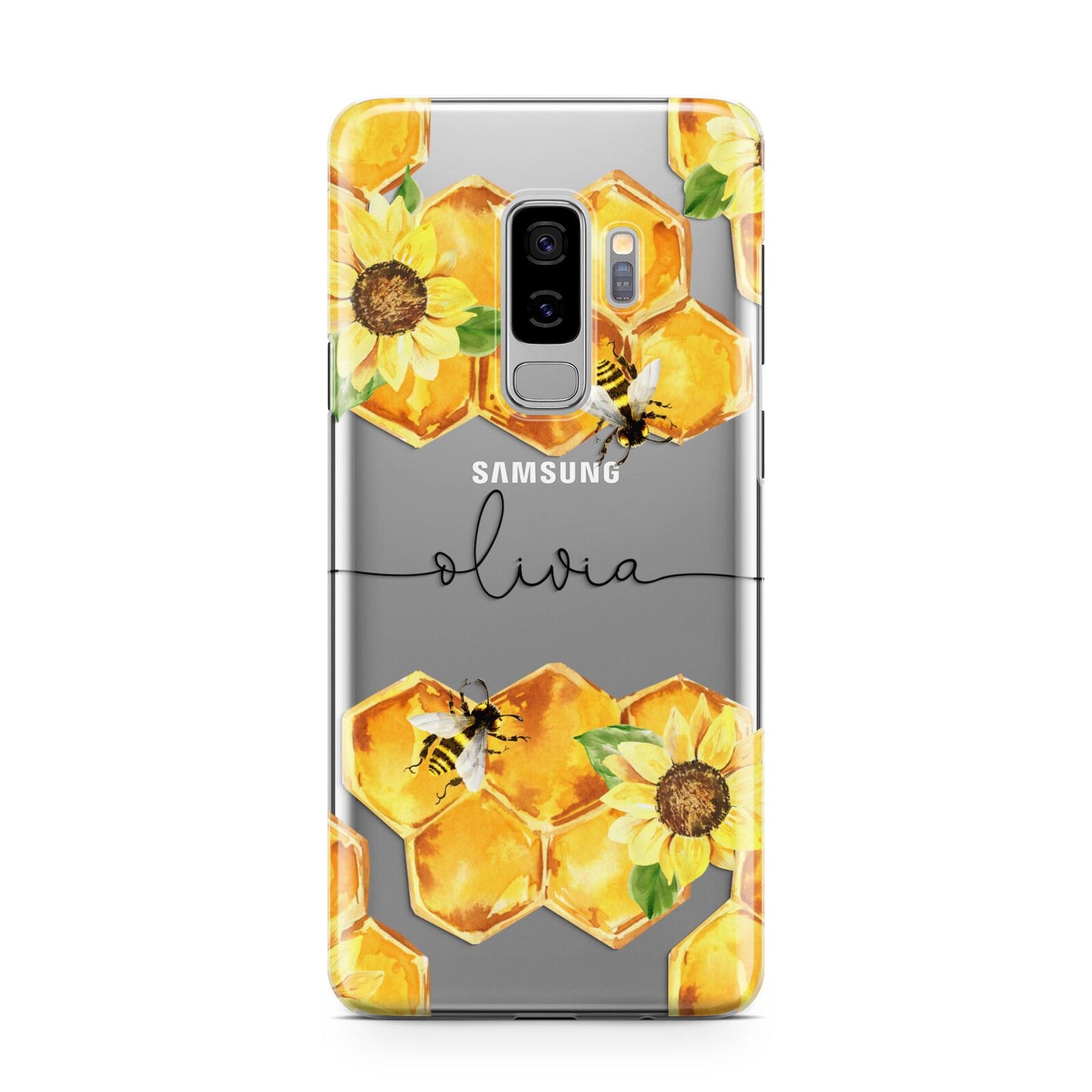 Bees Honeycomb Personalised Name Samsung Galaxy S9 Plus Case on Silver phone