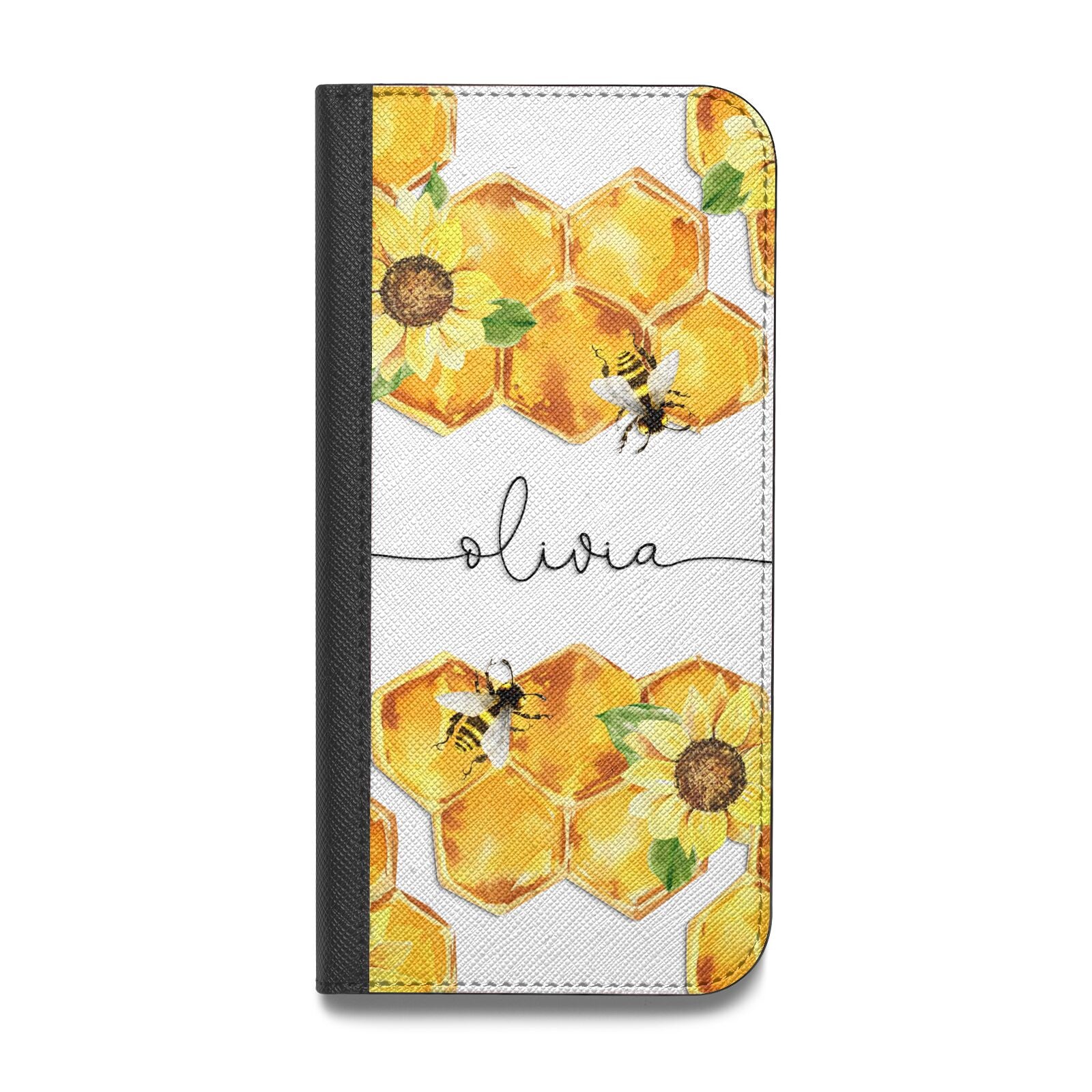 Bees Honeycomb Personalised Name Vegan Leather Flip iPhone Case