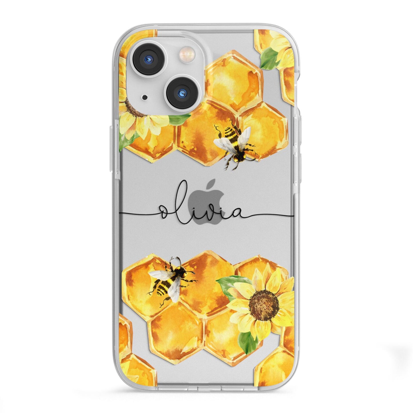 Bees Honeycomb Personalised Name iPhone 13 Mini TPU Impact Case with White Edges