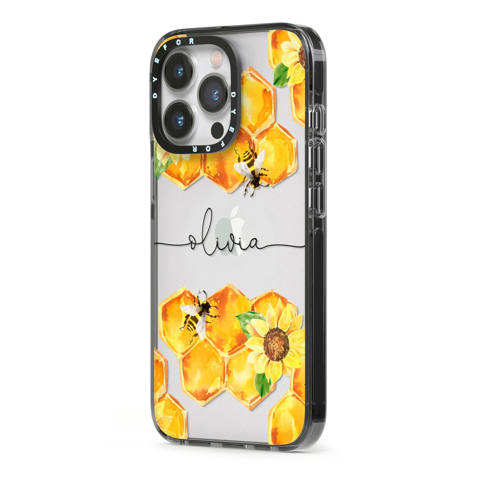 Bees Honeycomb Personalised Name iPhone 13 Pro Black Impact Case Side Angle on Silver phone