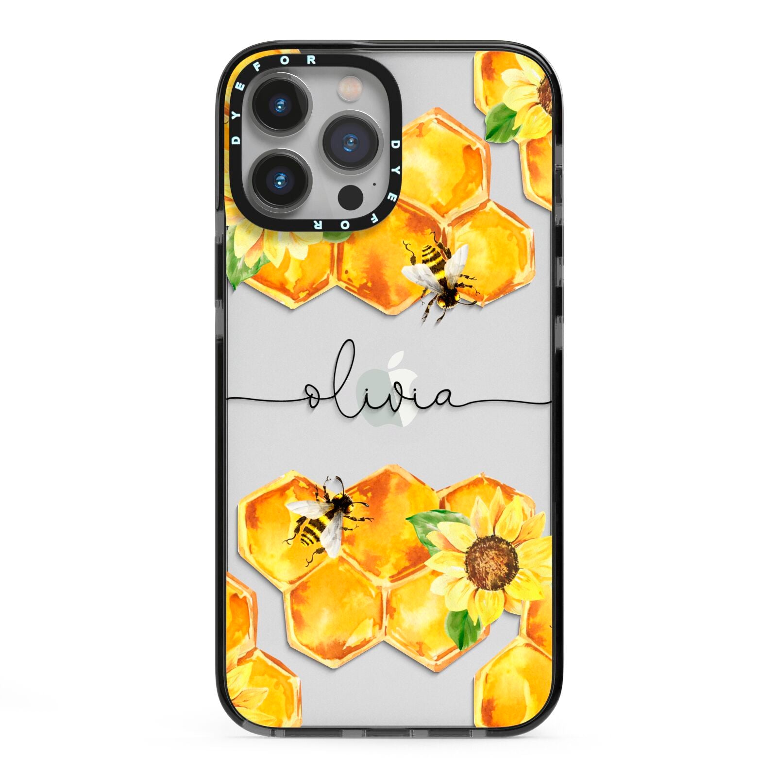 Bees Honeycomb Personalised Name iPhone 13 Pro Max Black Impact Case on Silver phone