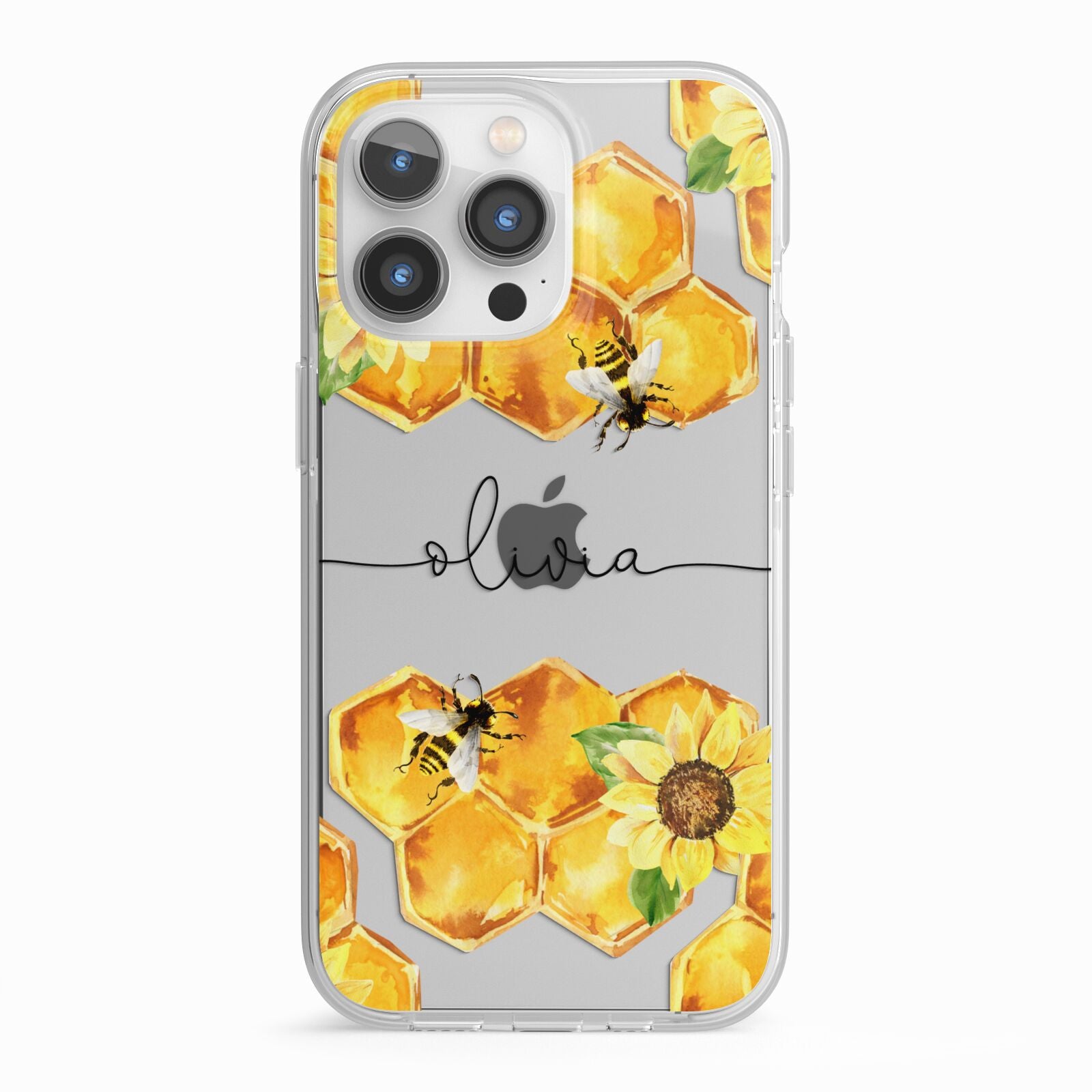 Bees Honeycomb Personalised Name iPhone 13 Pro TPU Impact Case with White Edges