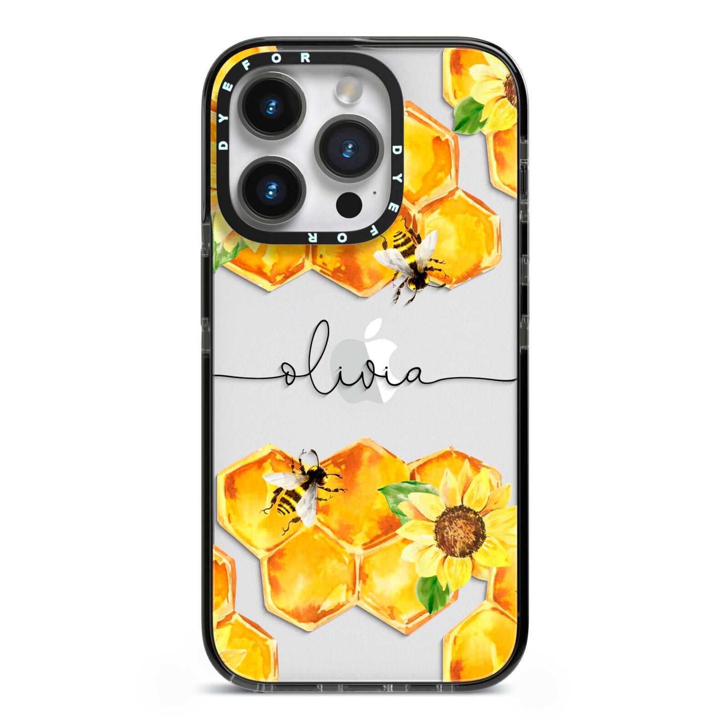 Bees Honeycomb Personalised Name iPhone 14 Pro Black Impact Case on Silver phone