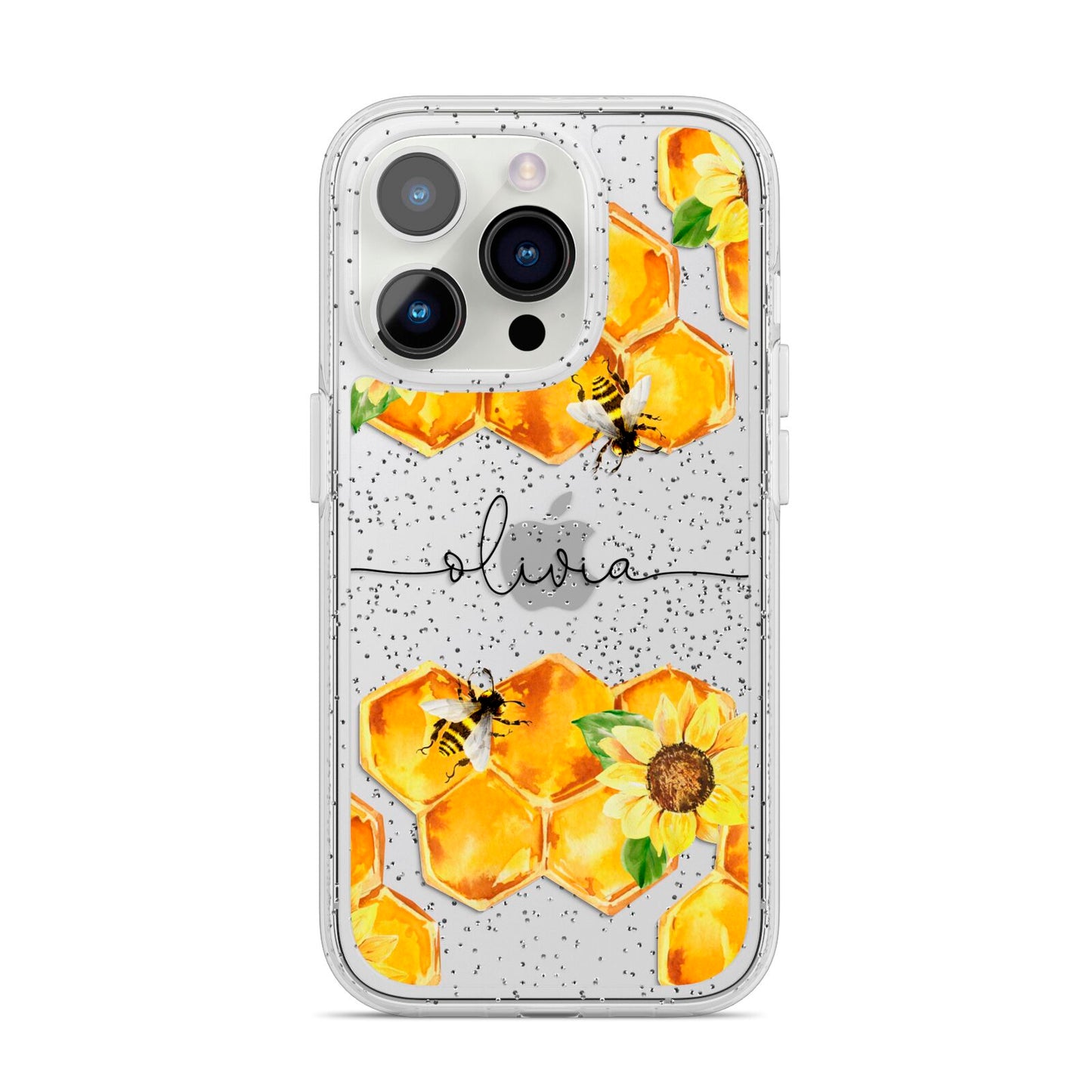 Bees Honeycomb Personalised Name iPhone 14 Pro Glitter Tough Case Silver