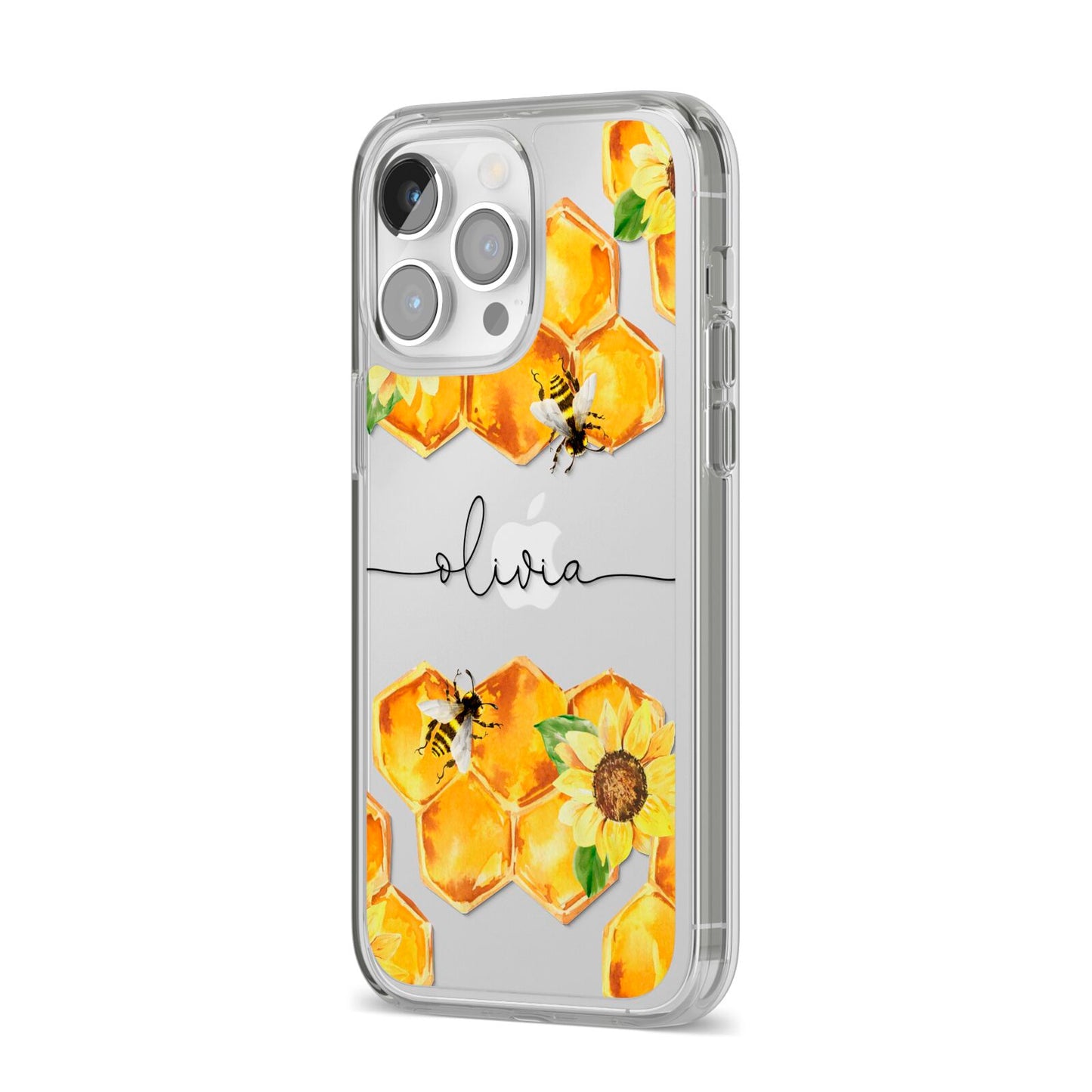 Bees Honeycomb Personalised Name iPhone 14 Pro Max Clear Tough Case Silver Angled Image