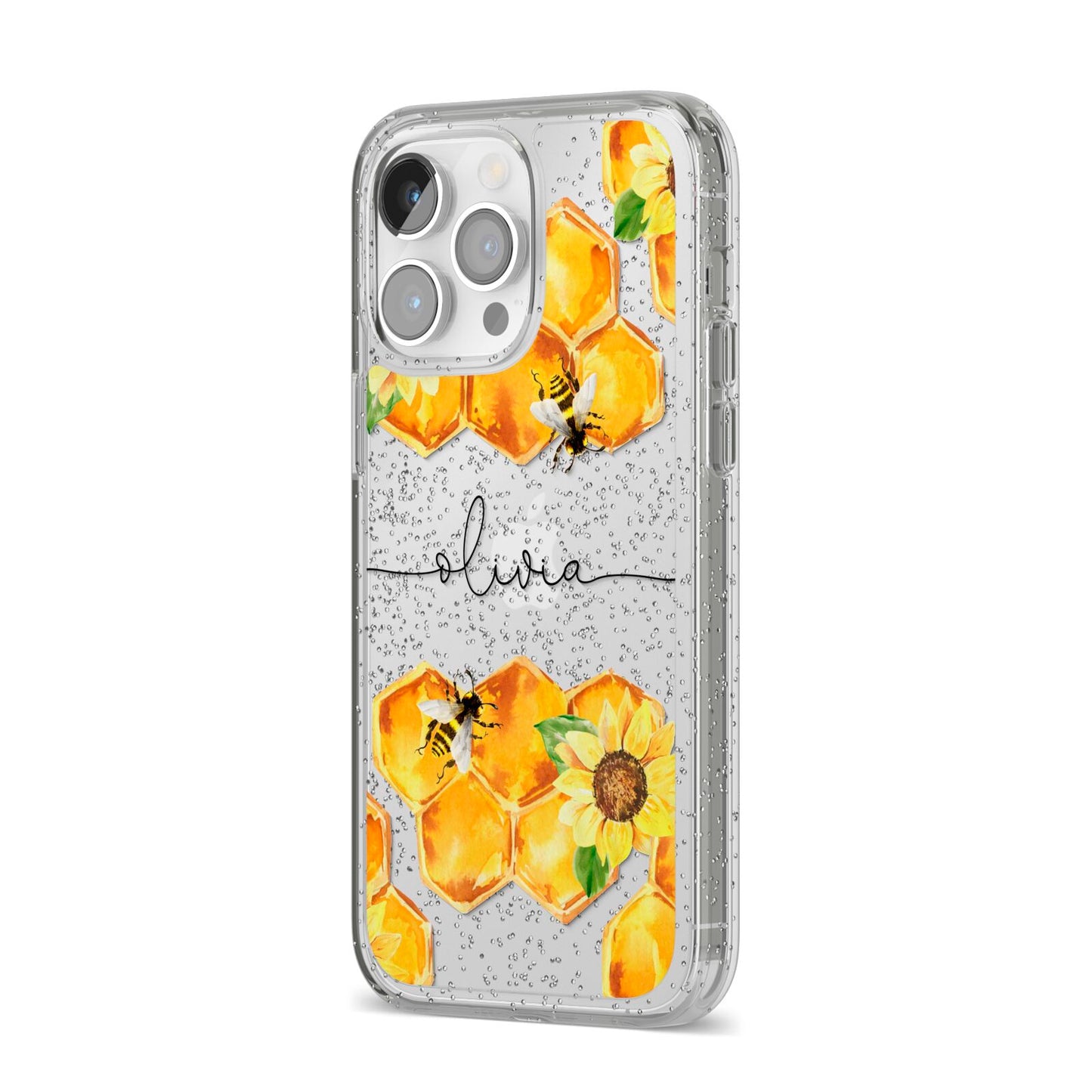 Bees Honeycomb Personalised Name iPhone 14 Pro Max Glitter Tough Case Silver Angled Image