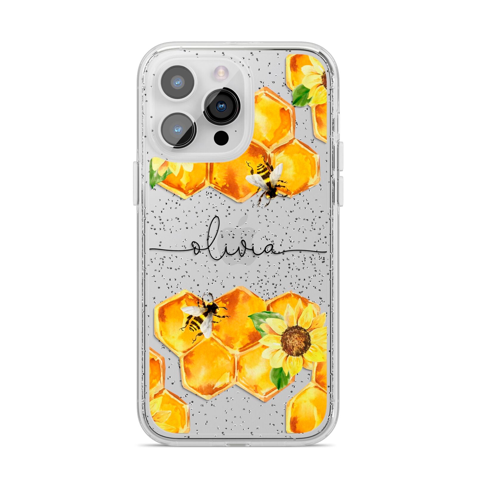 Bees Honeycomb Personalised Name iPhone 14 Pro Max Glitter Tough Case Silver