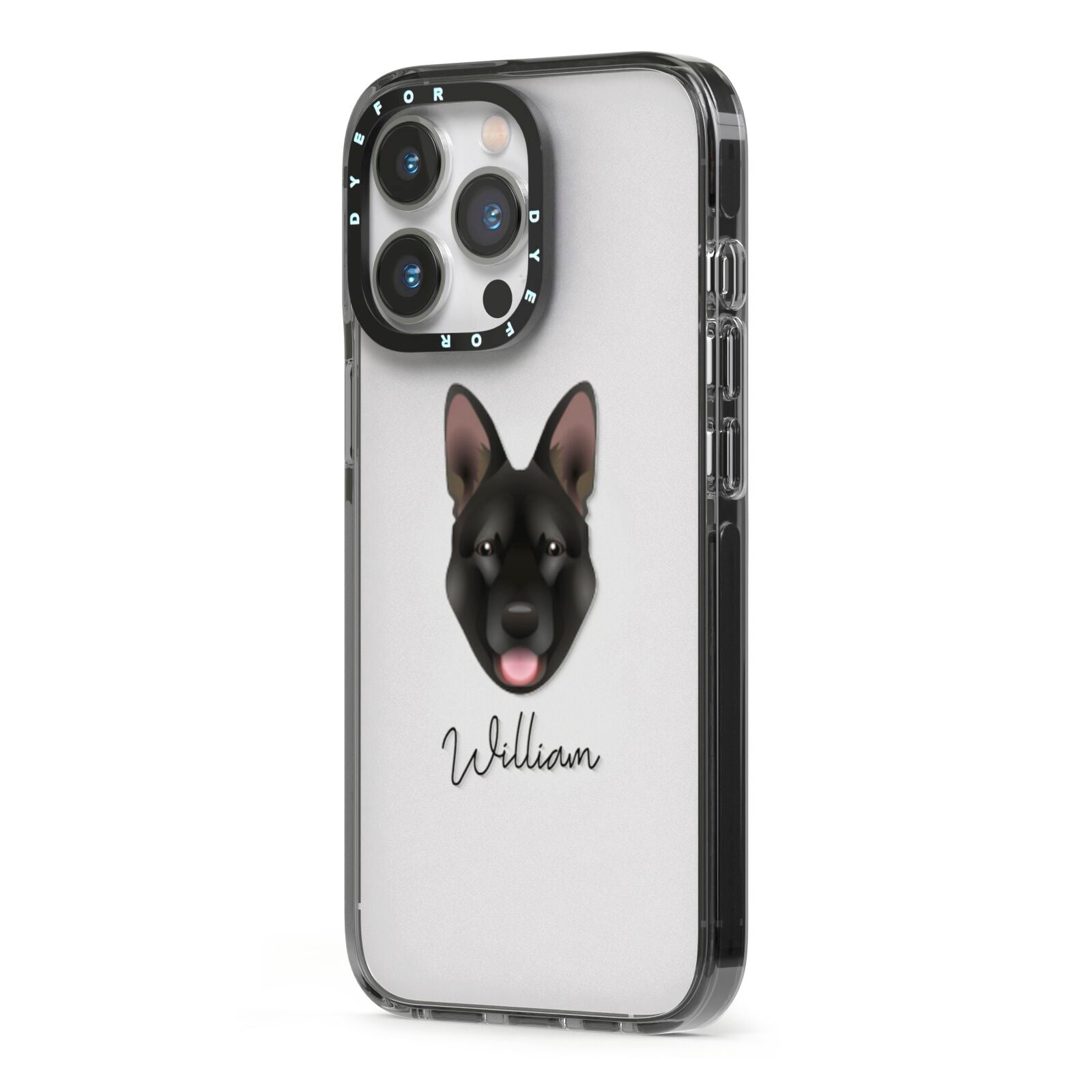 Belgian Malinois Personalised iPhone 13 Pro Black Impact Case Side Angle on Silver phone