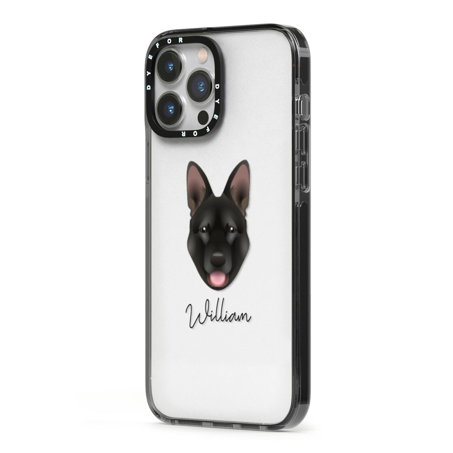 Belgian Malinois Personalised iPhone 13 Pro Max Black Impact Case Side Angle on Silver phone