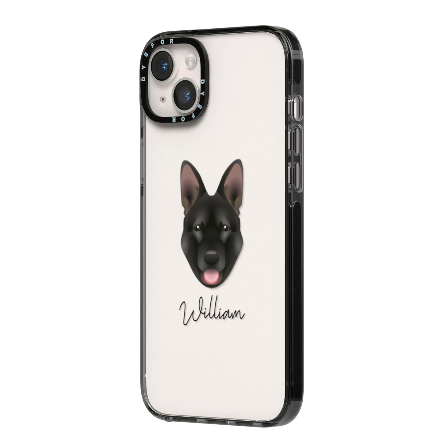 Belgian Malinois Personalised iPhone 14 Plus Black Impact Case Side Angle on Silver phone