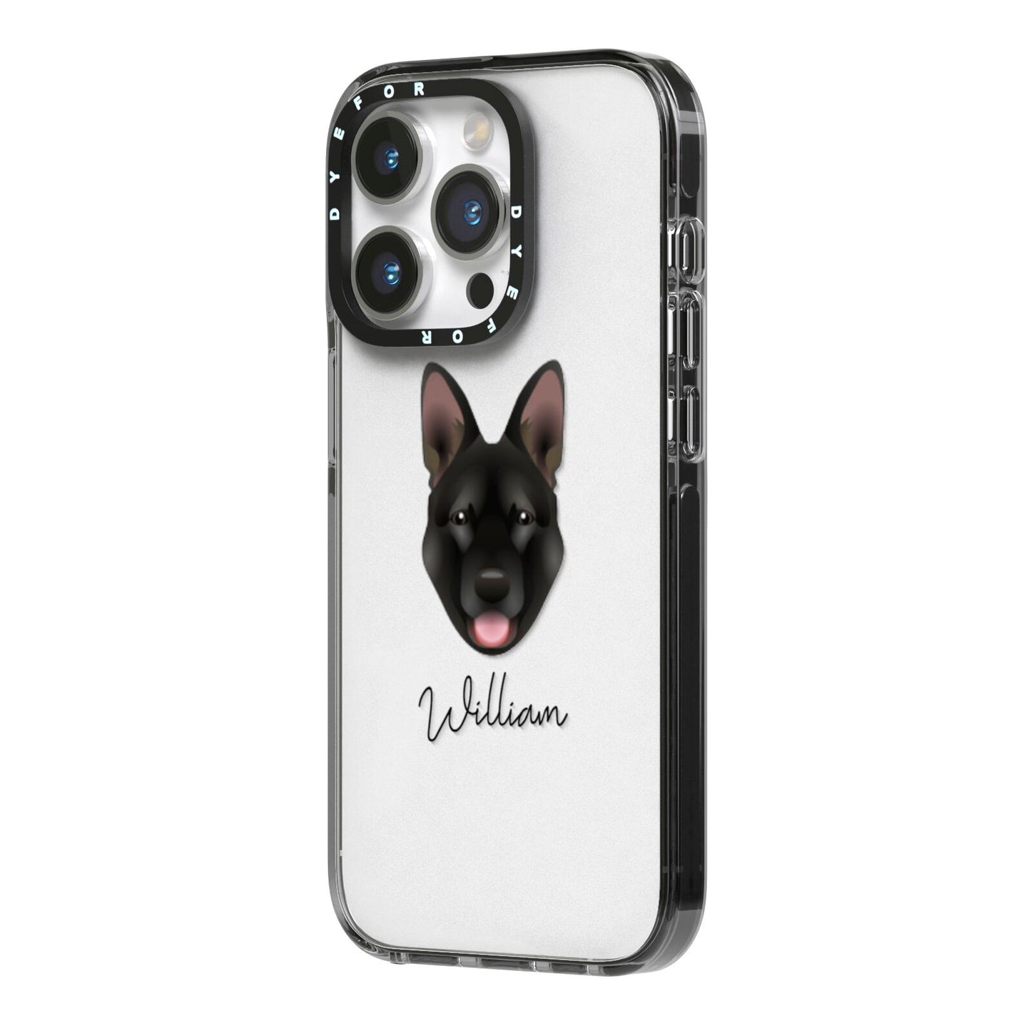 Belgian Malinois Personalised iPhone 14 Pro Black Impact Case Side Angle on Silver phone