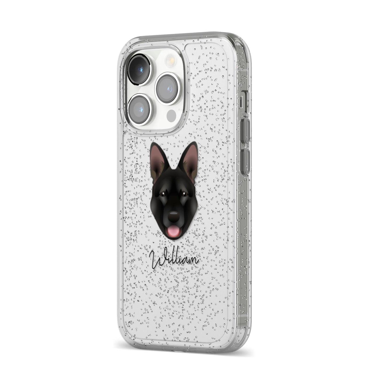 Belgian Malinois Personalised iPhone 14 Pro Glitter Tough Case Silver Angled Image