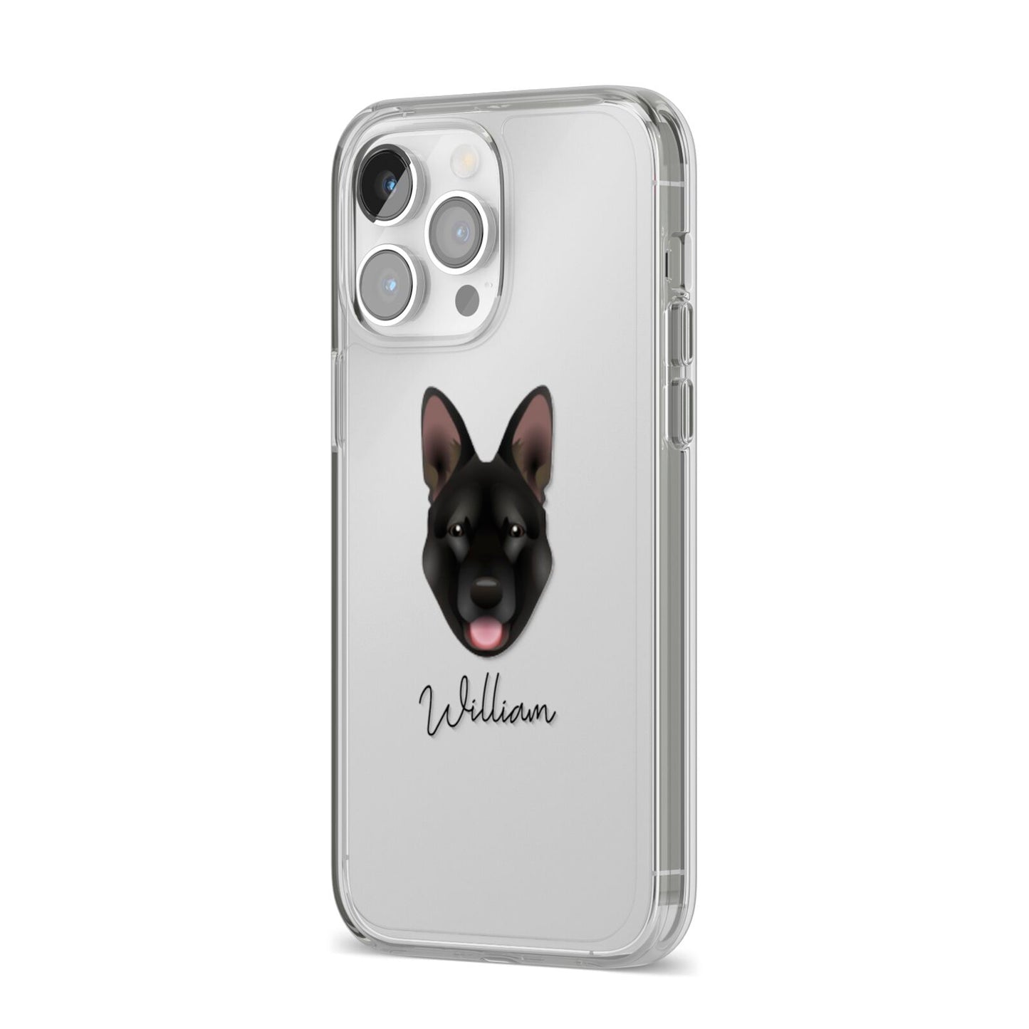 Belgian Malinois Personalised iPhone 14 Pro Max Clear Tough Case Silver Angled Image