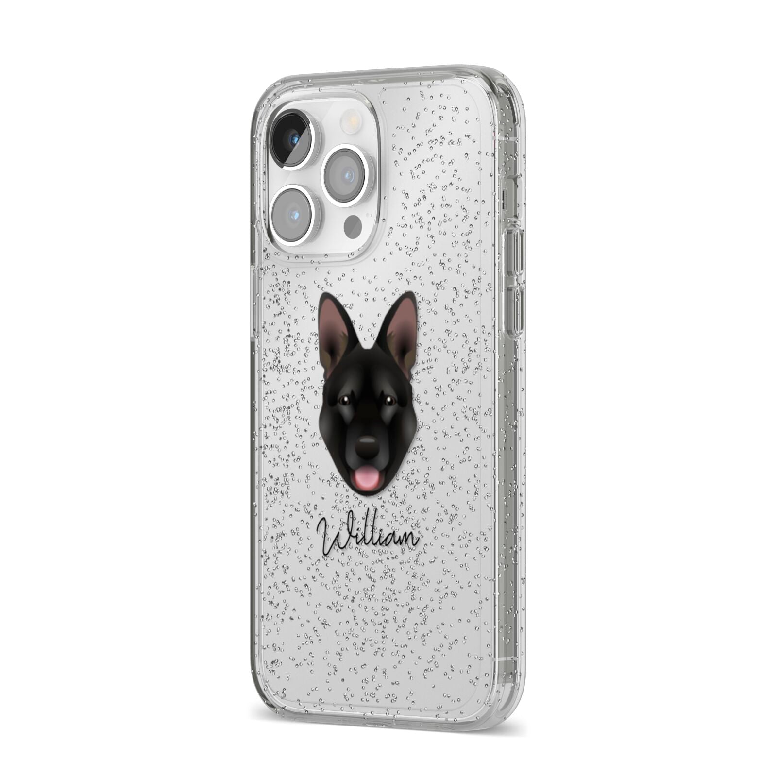 Belgian Malinois Personalised iPhone 14 Pro Max Glitter Tough Case Silver Angled Image