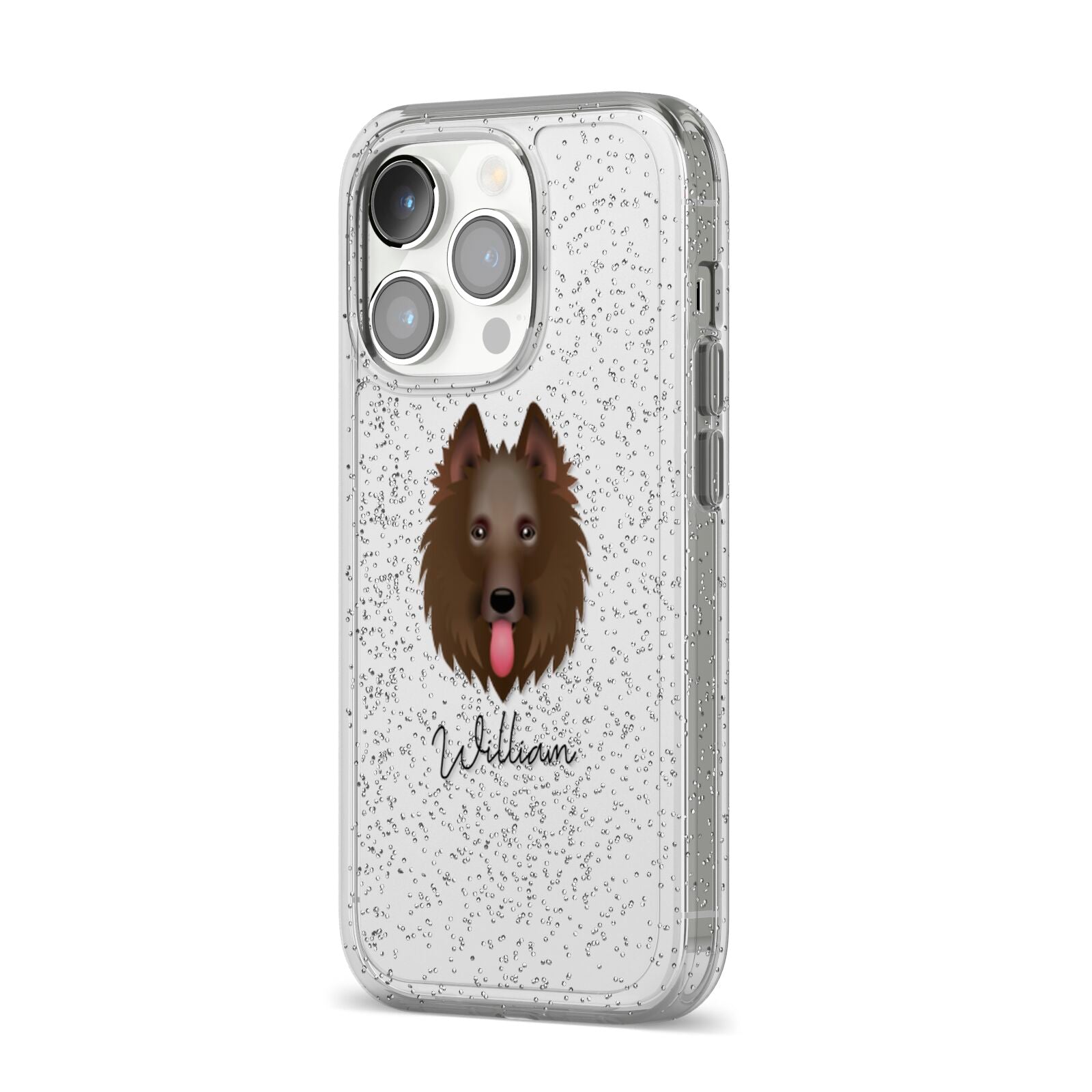 Belgian Shepherd Personalised iPhone 14 Pro Glitter Tough Case Silver Angled Image