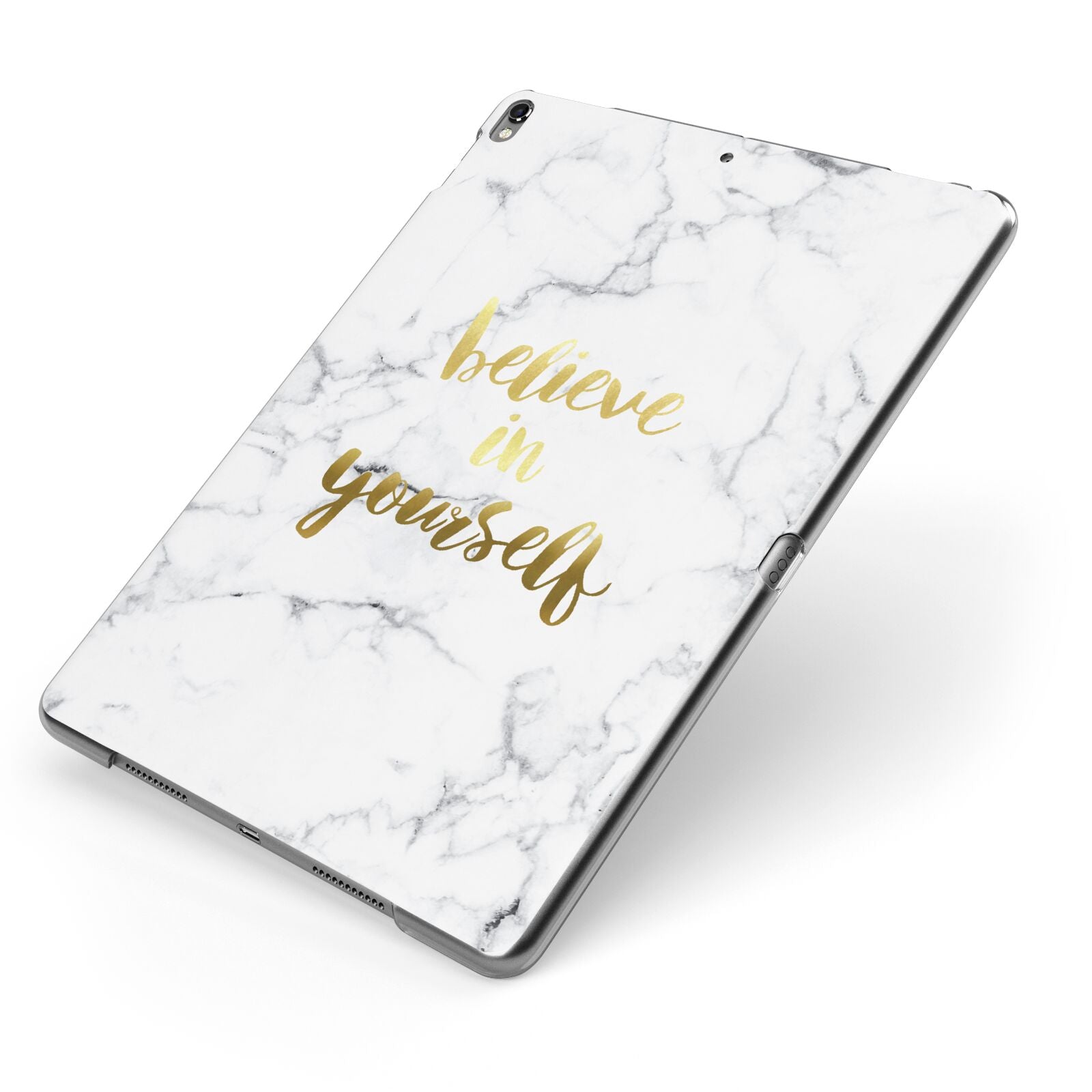 Believe In Yourself Gold Marble Apple iPad Case on Grey iPad Side View