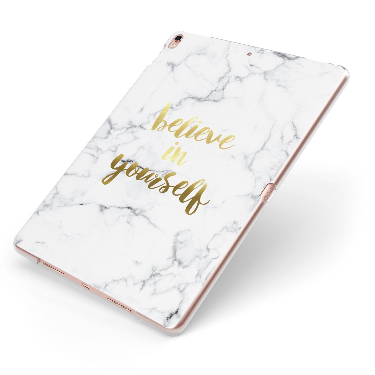 Believe In Yourself Gold Marble Apple iPad Case on Rose Gold iPad Side View