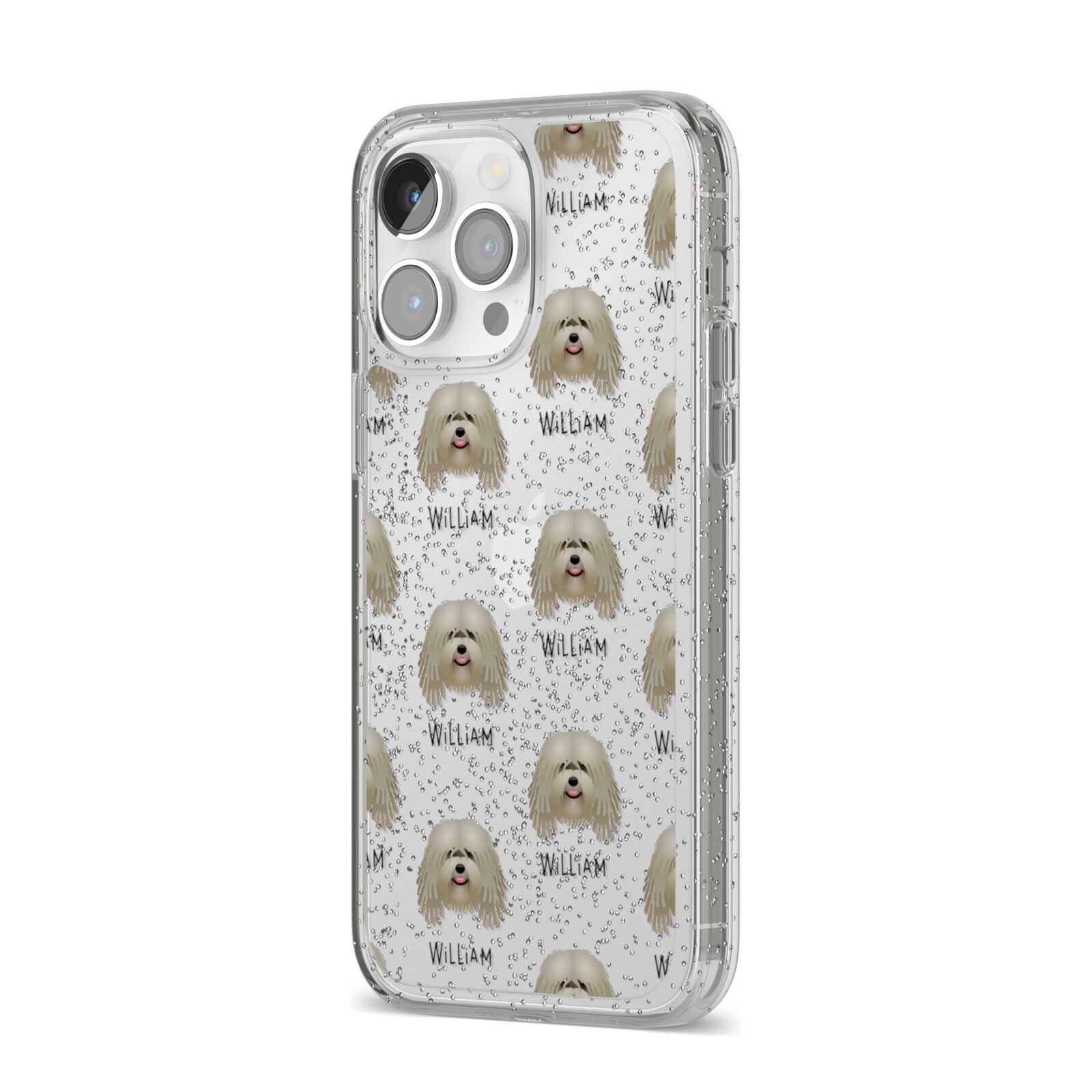 Bergamasco Icon with Name iPhone 14 Pro Max Glitter Tough Case Silver Angled Image